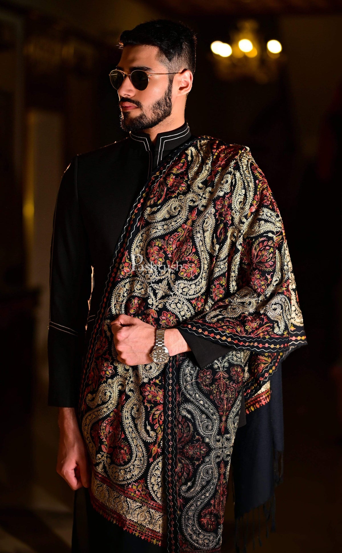 Pashtush India 70x200 Pashtush Mens Woollen Stole with Nalki Embroidery, Black