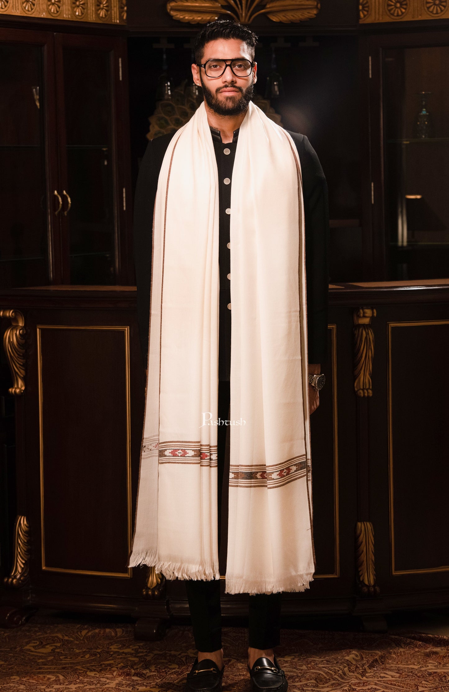 Pashtush India Mens Shawls Gents Shawl Pashtush Mens Woven Aztec Design Shawl, Fine Wool, Ivory