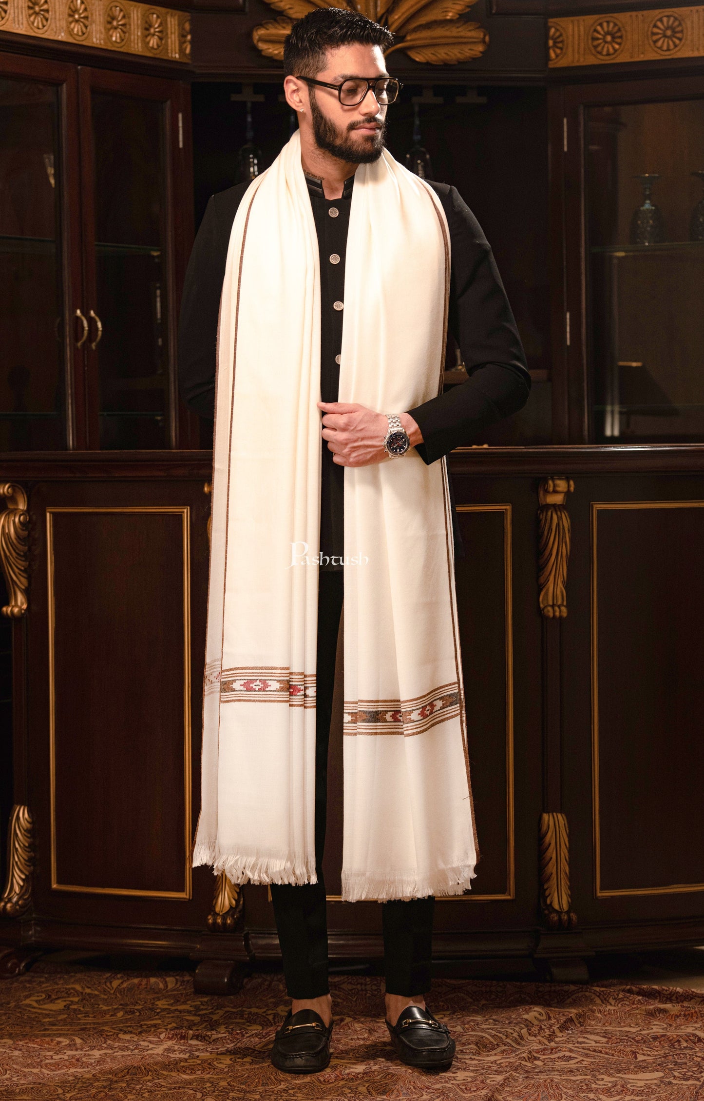 Pashtush India Mens Shawls Gents Shawl Pashtush Mens Woven Aztec Design Shawl, Fine Wool, Ivory
