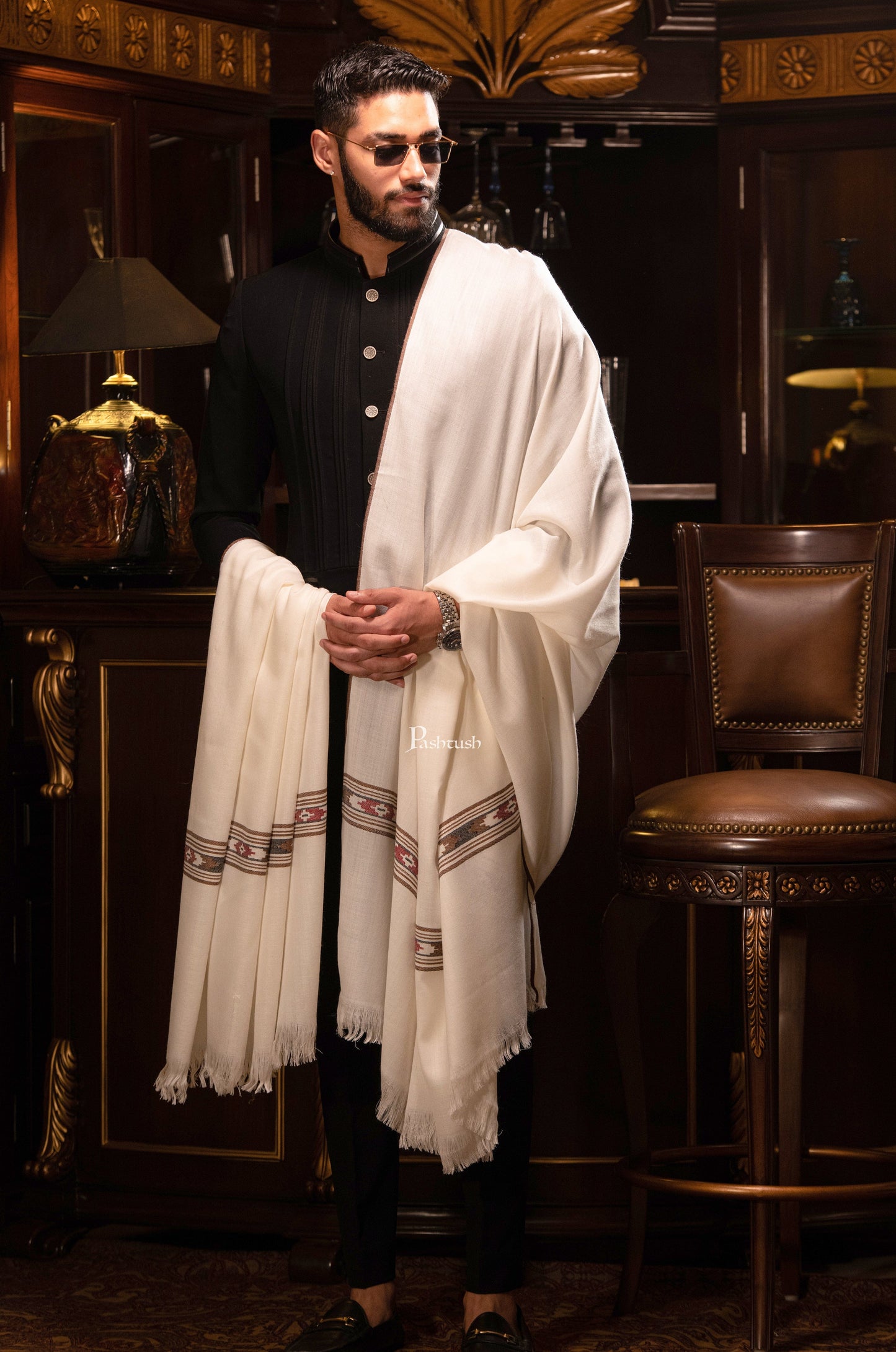 Pashtush India Mens Shawls Gents Shawl Pashtush Mens Woven Aztec Design Shawl, Fine Wool, Ivory