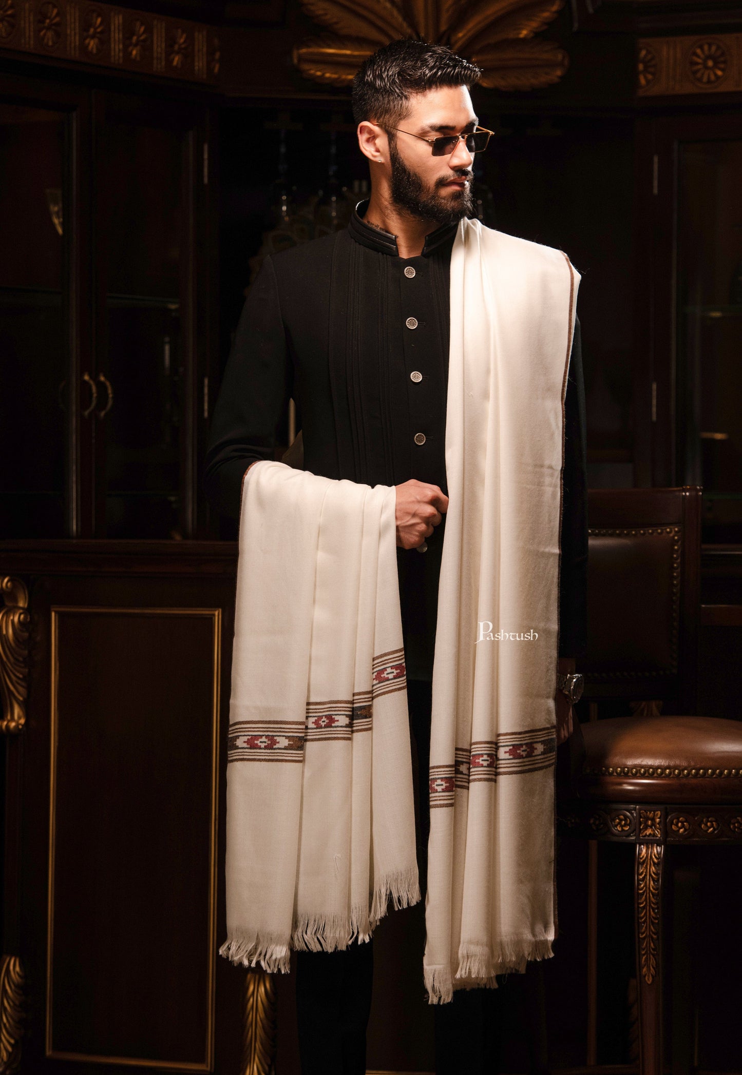 Pashtush India Mens Shawls Gents Shawl Pashtush Mens Woven Aztec Design Shawl, Fine Wool, Ivory