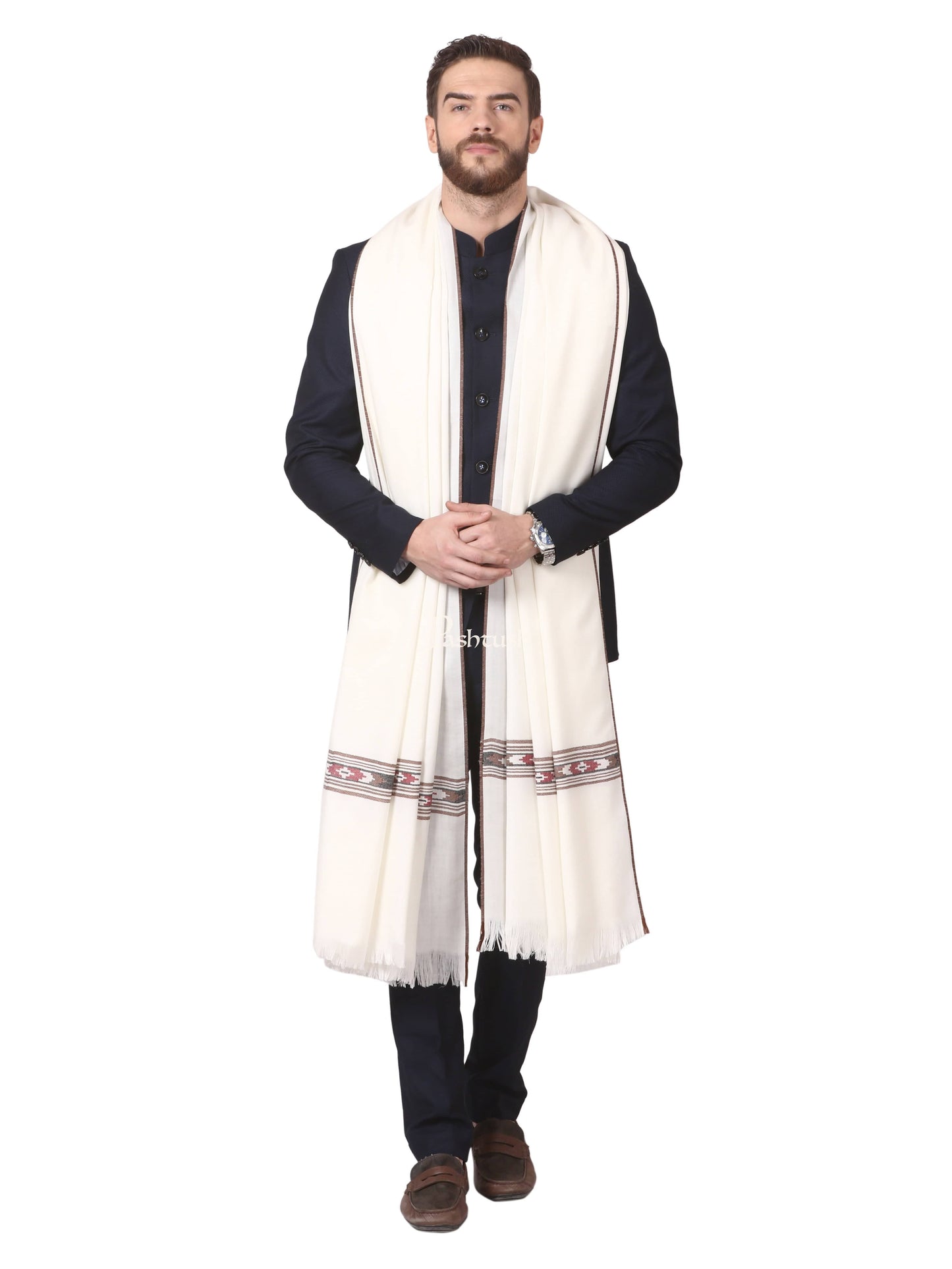 Pashtush India Mens Shawls Gents Shawl Pashtush Mens Woven Aztec Design Shawl, Fine Wool, Ivory