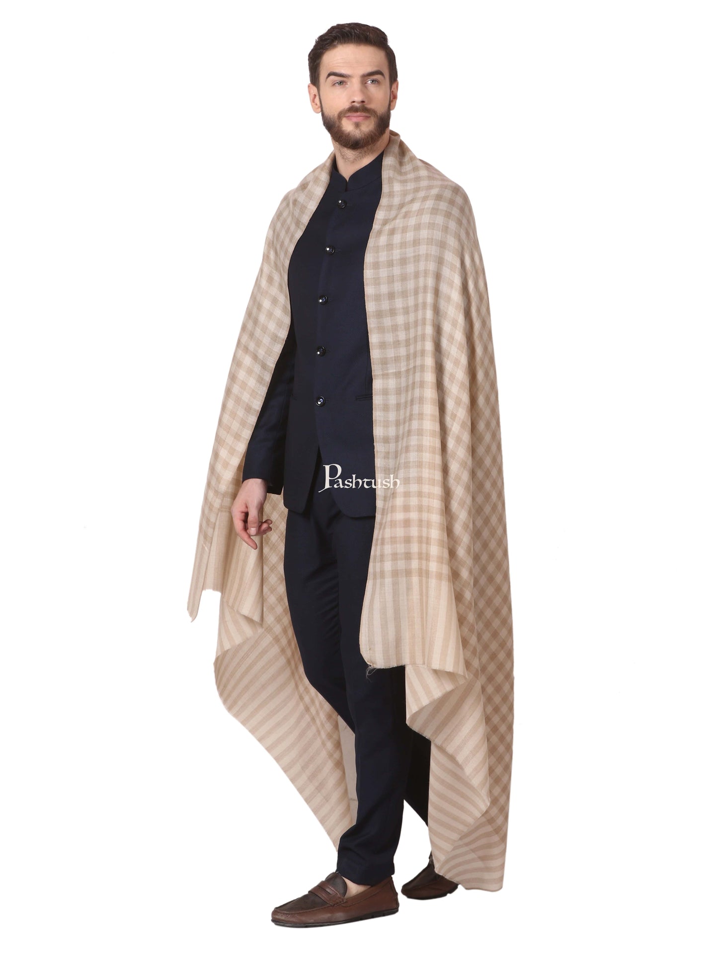 Pashtush India Mens Shawls Gents Shawl Pashtush Mens Woven Check Shawl, Ultra-Light Weight - Fine Wool, Medium, Herringbone Checks