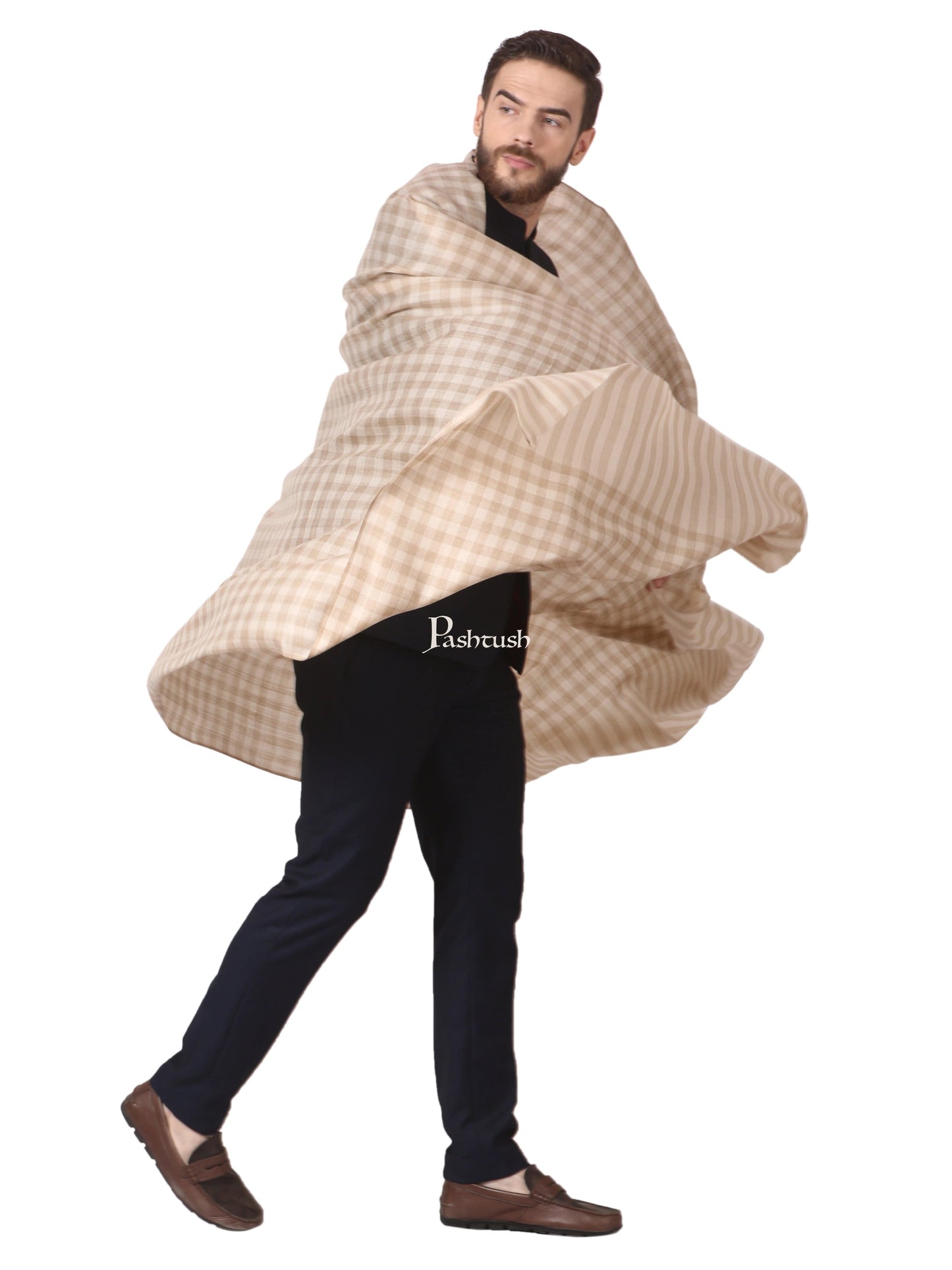 Pashtush India Mens Shawls Gents Shawl Pashtush Mens Woven Check Shawl, Ultra-Light Weight - Fine Wool, Medium, Herringbone Checks