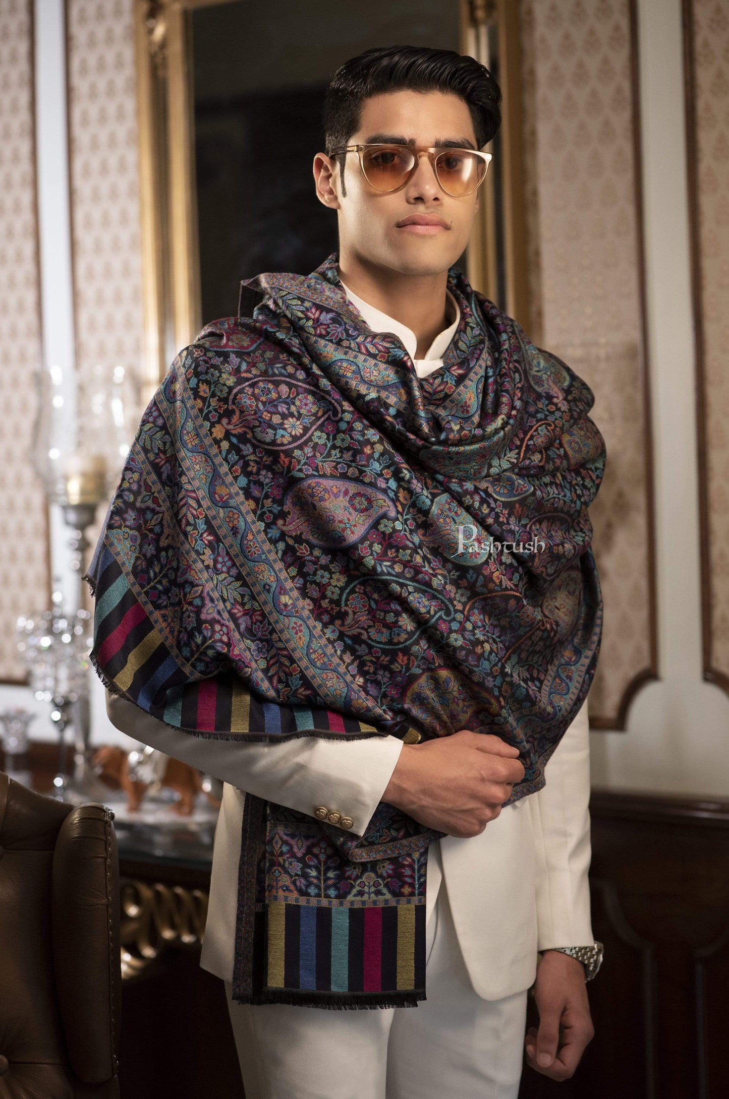 Pashtush India 70x200 Pashtush Mens Woven Ethnic Stole, Extra Soft Bamboo Fibre