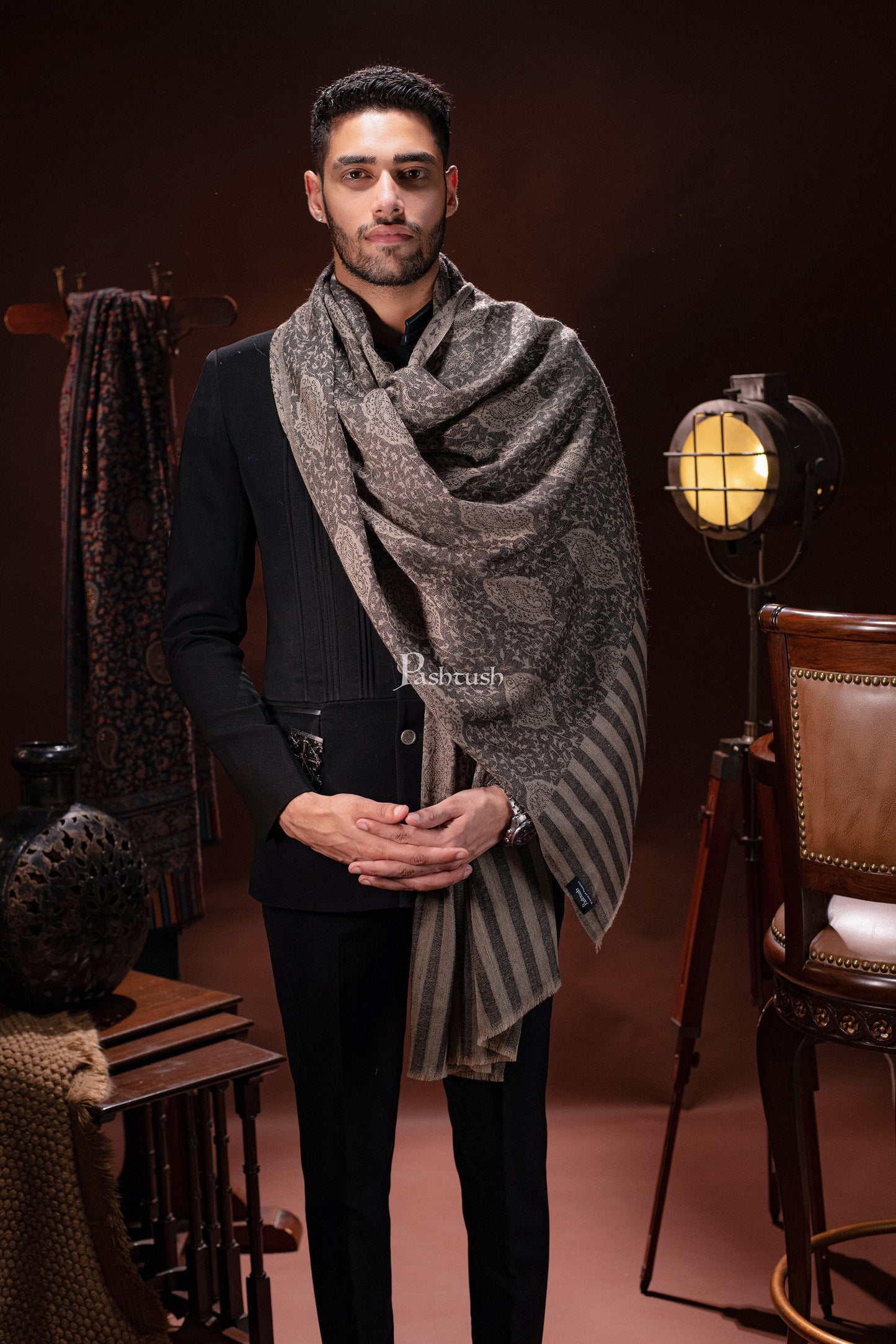 Pashtush India Mens Scarves Stoles and Mufflers Pashtush Mens Woven Extra Fine Wool Cashmere Handfeel Shawl, Black