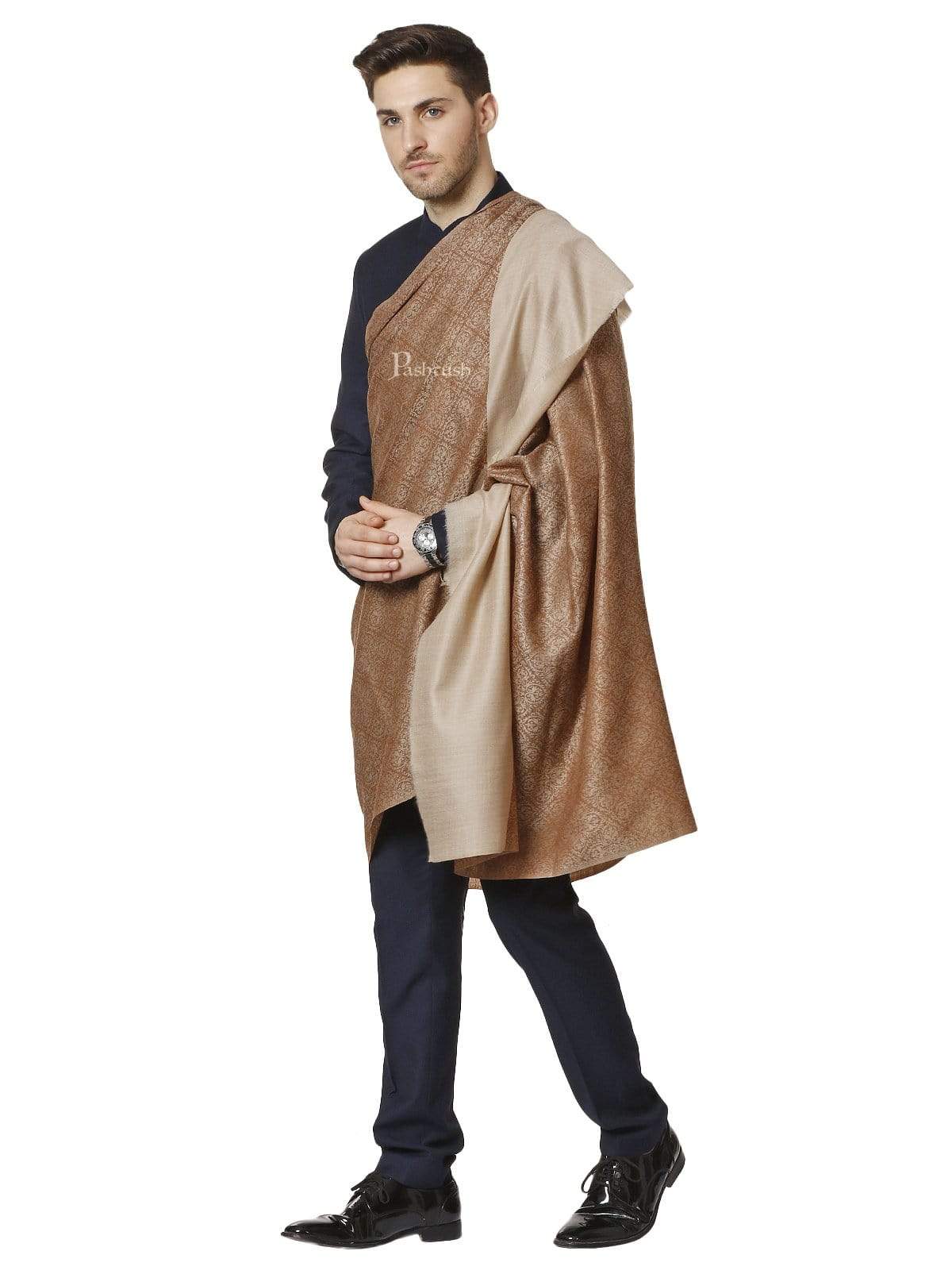Pashtush India 100x200 PASHTUSH MENS WOVEN Jacquard SHAWL, ULTRA-LIGHT WEIGHT - FINE WOOL