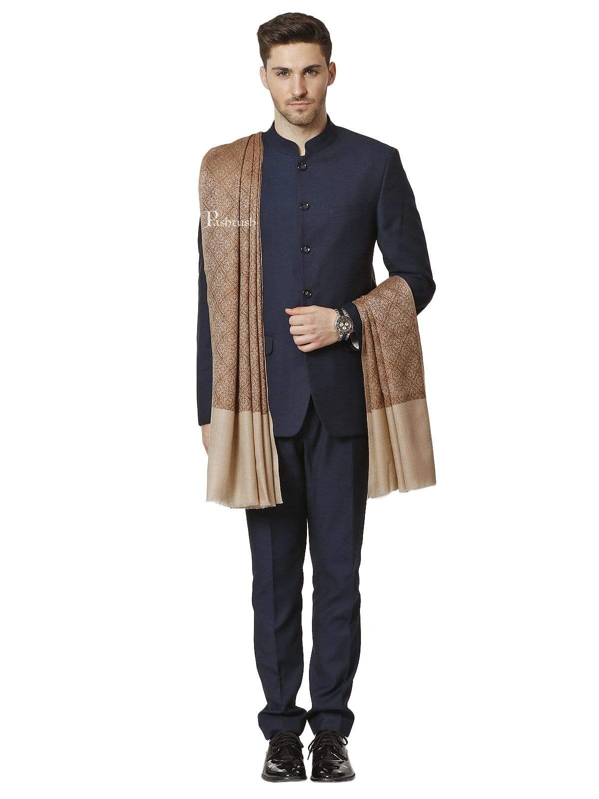 Pashtush India 100x200 PASHTUSH MENS WOVEN Jacquard SHAWL, ULTRA-LIGHT WEIGHT - FINE WOOL