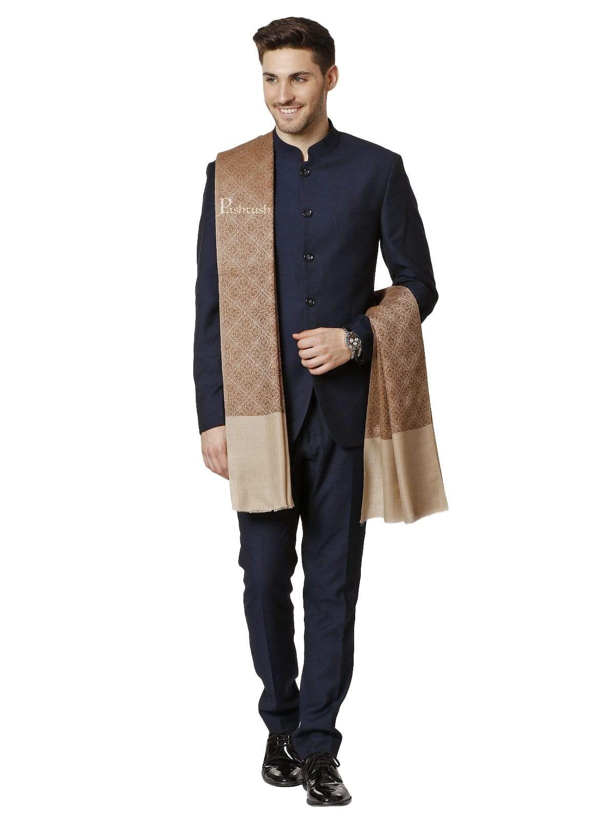 Pashtush India 100x200 PASHTUSH MENS WOVEN Jacquard SHAWL, ULTRA-LIGHT WEIGHT - FINE WOOL