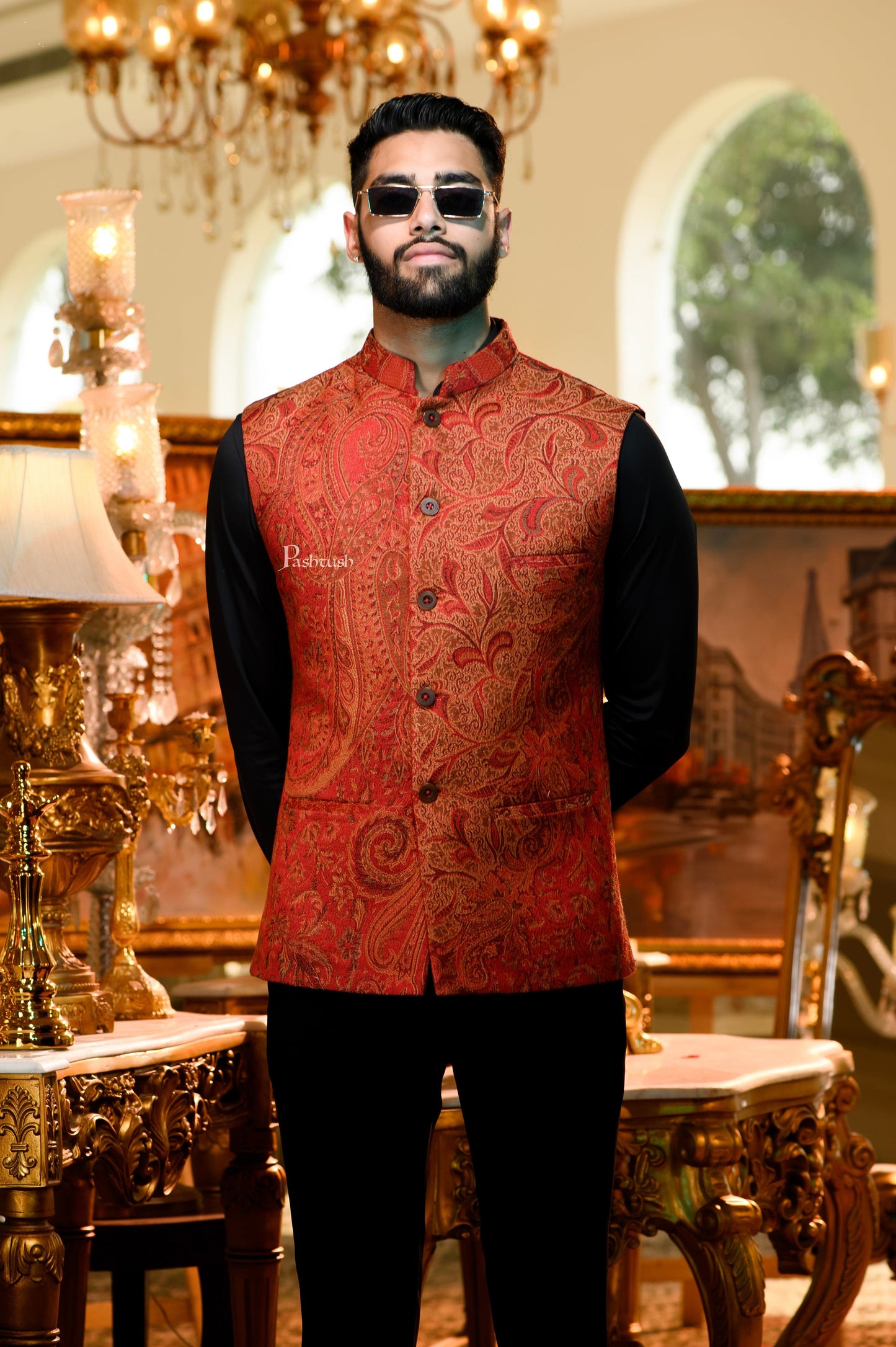 Pashtush India Coats & Jackets Pashtush Mens Woven Jacquard Structured Waistcoat, Slim Fit, Maroon