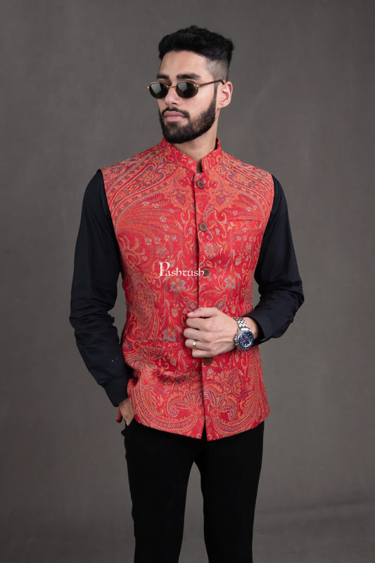 Pashtush India Coats & Jackets Pashtush Mens Woven Jacquard Structured Waistcoat, Slim Fit, Maroon