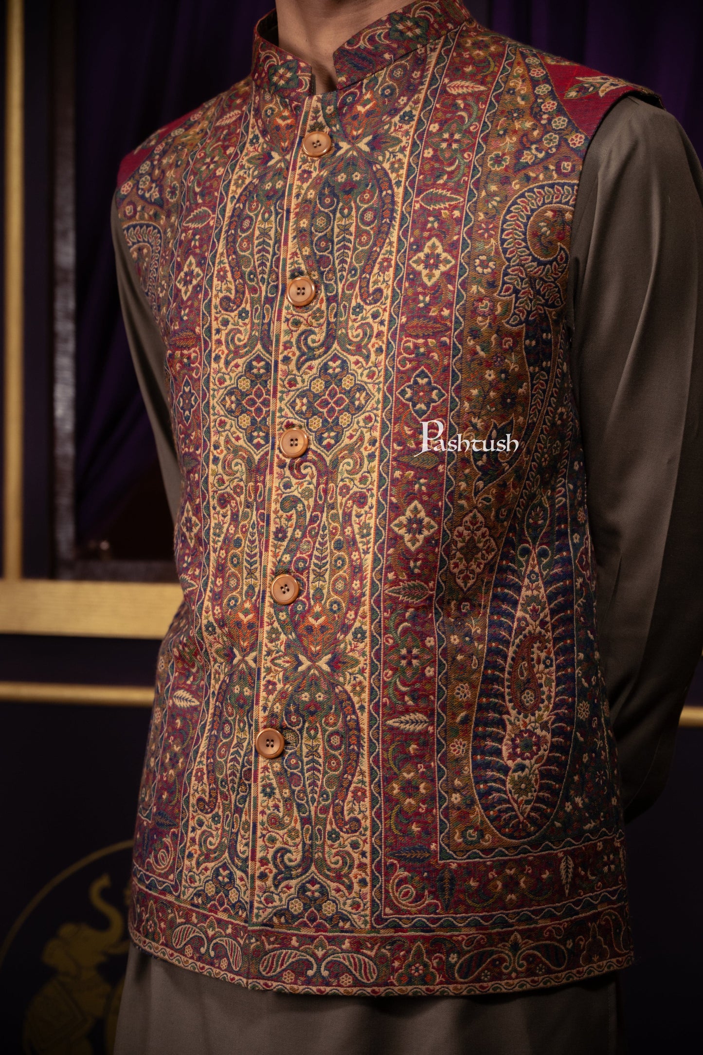 Pashtush India Coats & Jackets Pashtush Mens Woven Jacquard Structured Waistcoat, Slim Fit, Multicolour