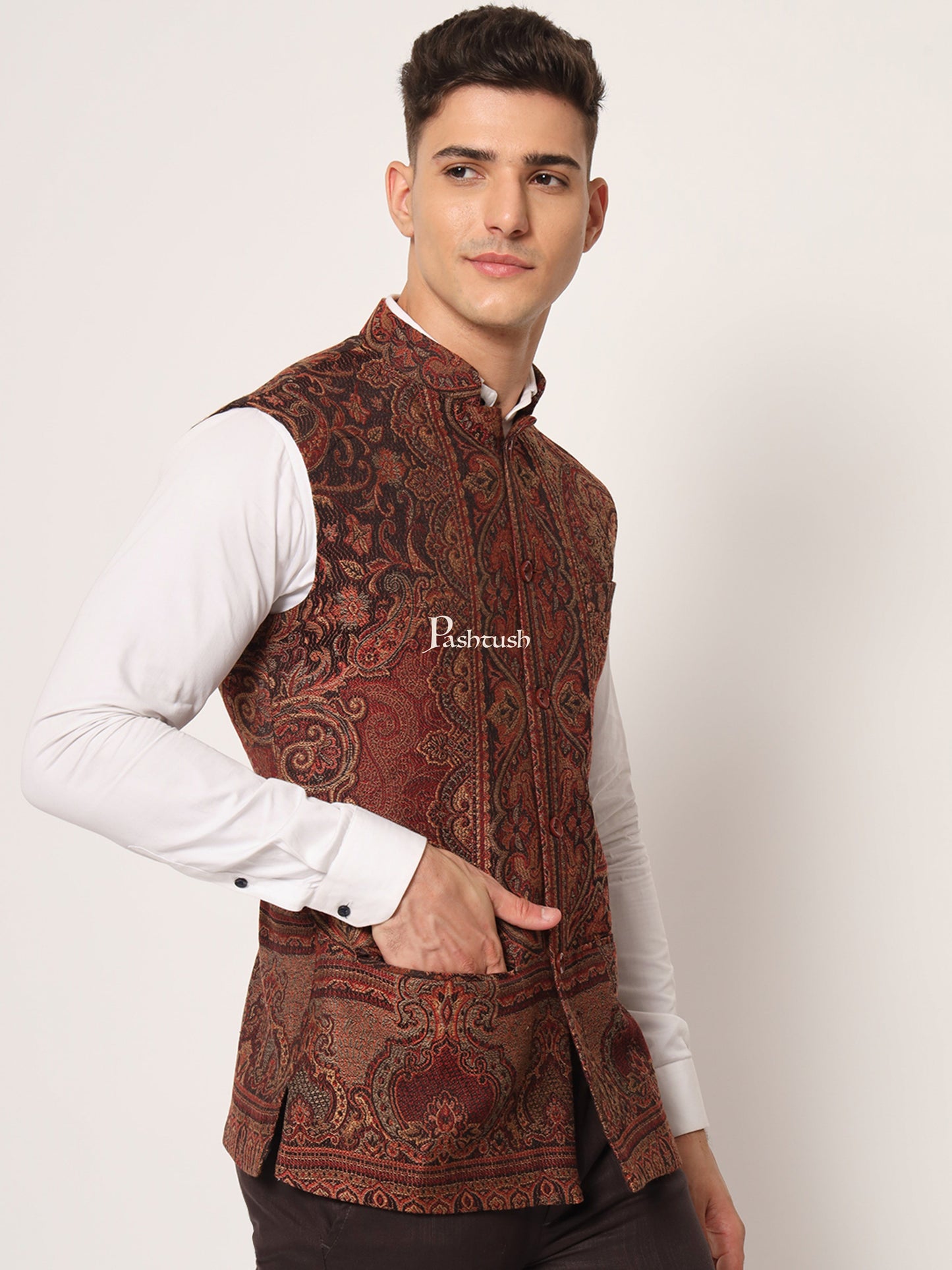 Pashtush India Coats & Jackets PASHTUSH MENS WOVEN JACQUARD WAISTCOAT, Structured SLIM FIT, Black