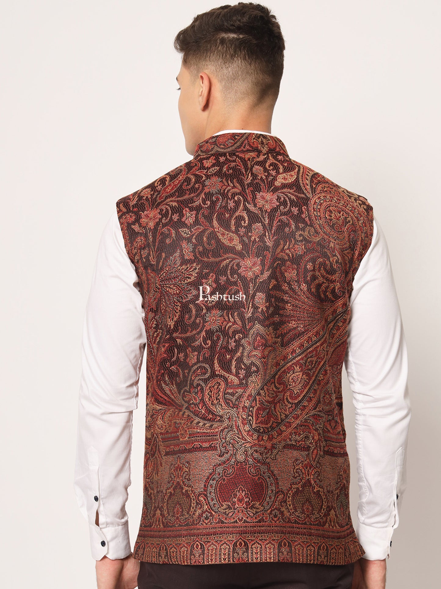 Pashtush India Coats & Jackets PASHTUSH MENS WOVEN JACQUARD WAISTCOAT, Structured SLIM FIT, Black