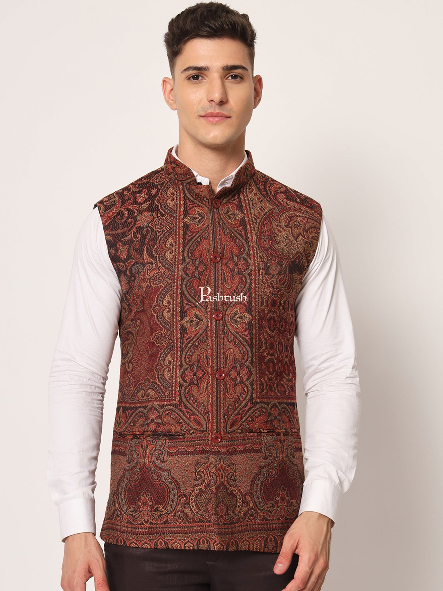 Pashtush India Coats & Jackets PASHTUSH MENS WOVEN JACQUARD WAISTCOAT, Structured SLIM FIT, Black