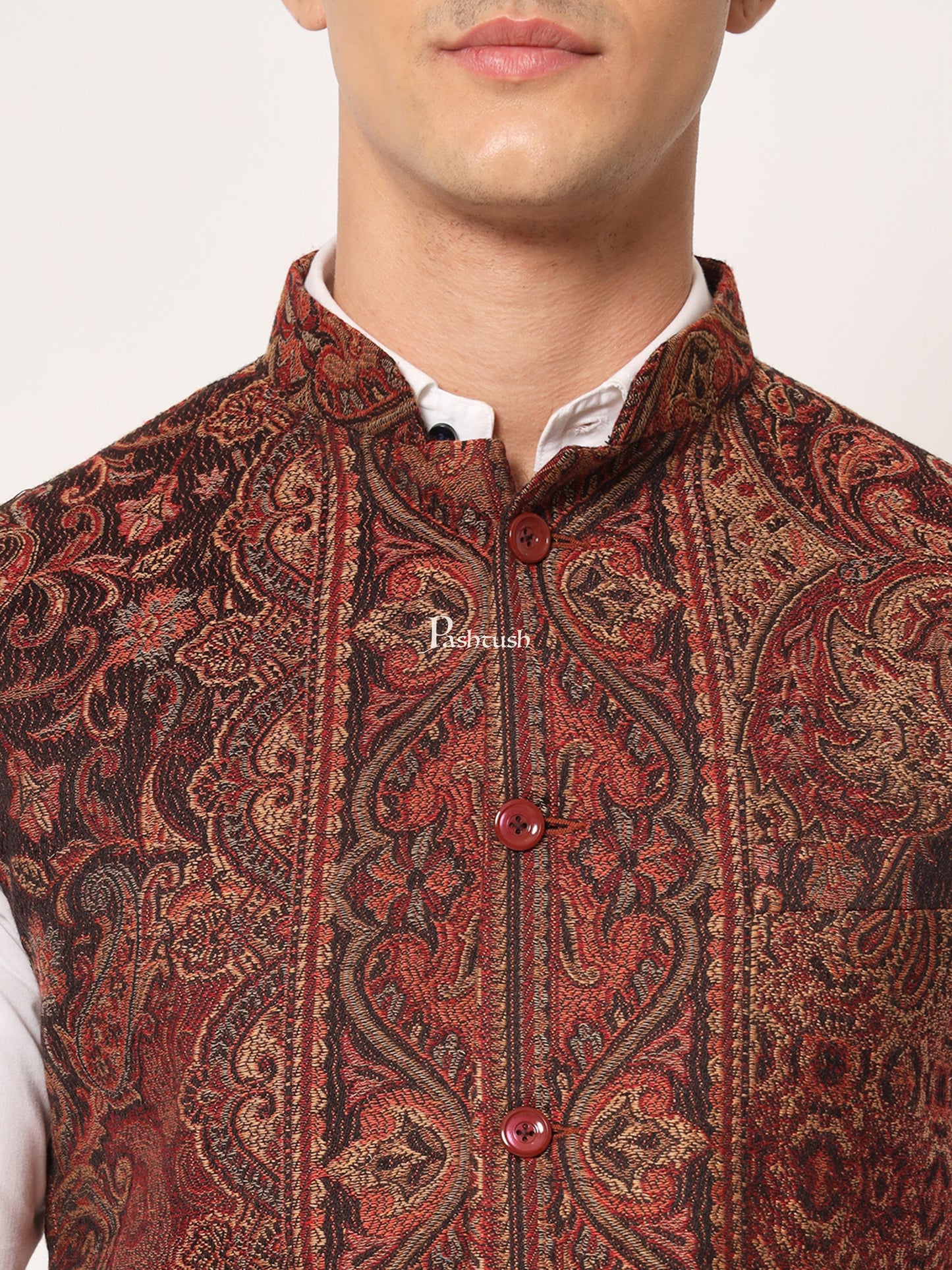Pashtush India Coats & Jackets PASHTUSH MENS WOVEN JACQUARD WAISTCOAT, Structured SLIM FIT, Black