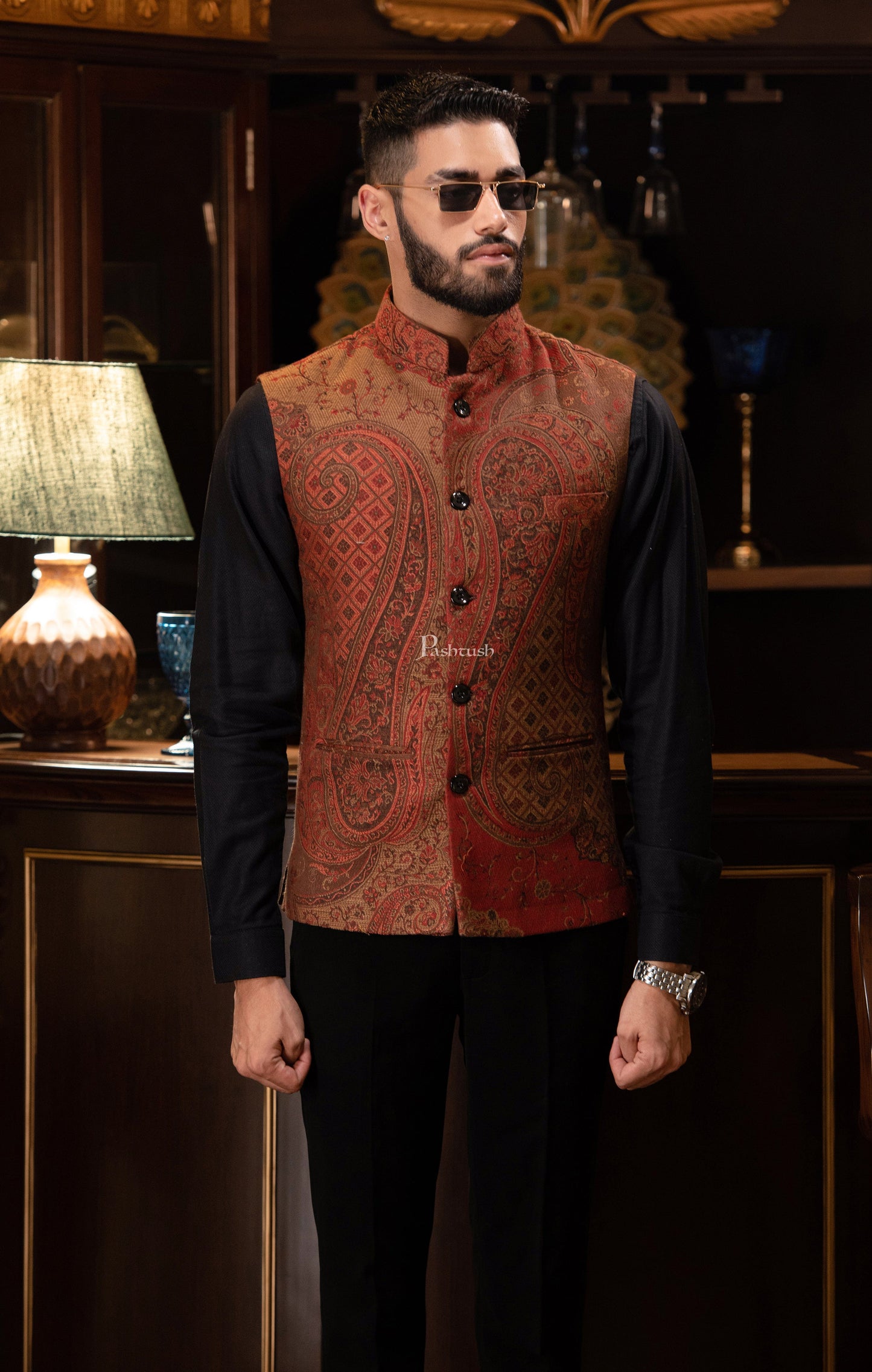 Pashtush India Coats & Jackets PASHTUSH MENS WOVEN JACQUARD WAISTCOAT, Structured SLIM FIT, Brown