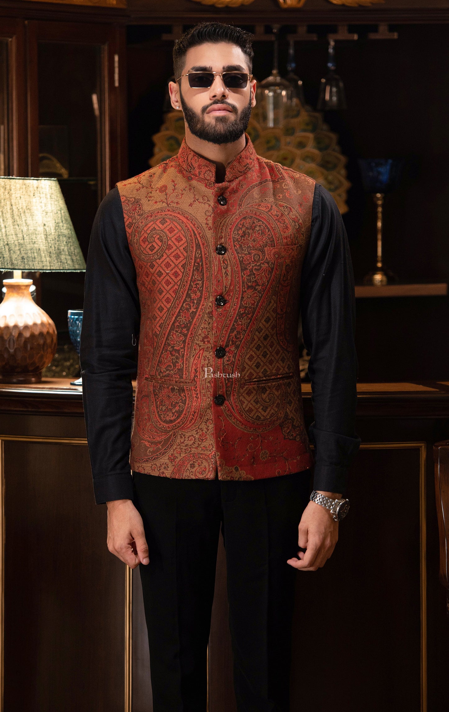 Pashtush India Coats & Jackets PASHTUSH MENS WOVEN JACQUARD WAISTCOAT, Structured SLIM FIT, Brown