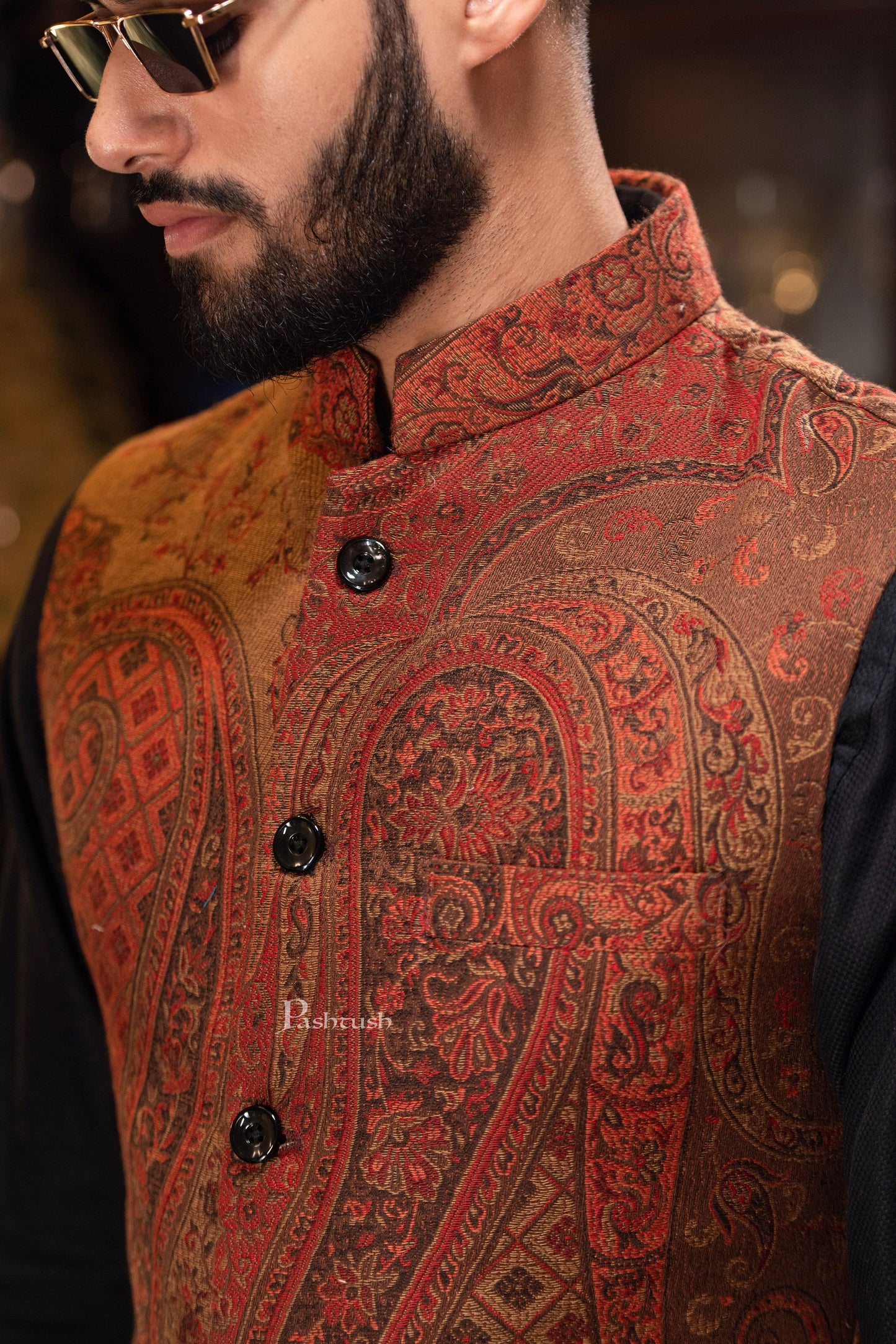 Pashtush India Coats & Jackets PASHTUSH MENS WOVEN JACQUARD WAISTCOAT, Structured SLIM FIT, Brown