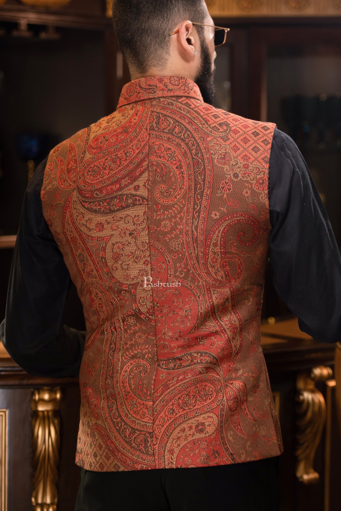 Pashtush India Coats & Jackets PASHTUSH MENS WOVEN JACQUARD WAISTCOAT, Structured SLIM FIT, Brown