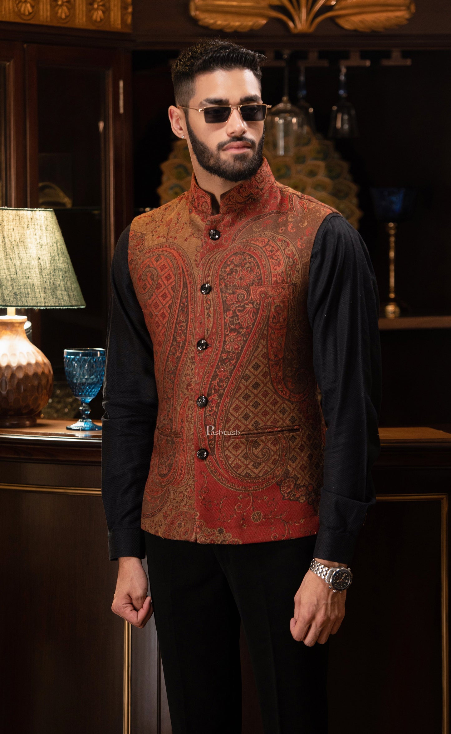 Pashtush India Coats & Jackets PASHTUSH MENS WOVEN JACQUARD WAISTCOAT, Structured SLIM FIT, Brown