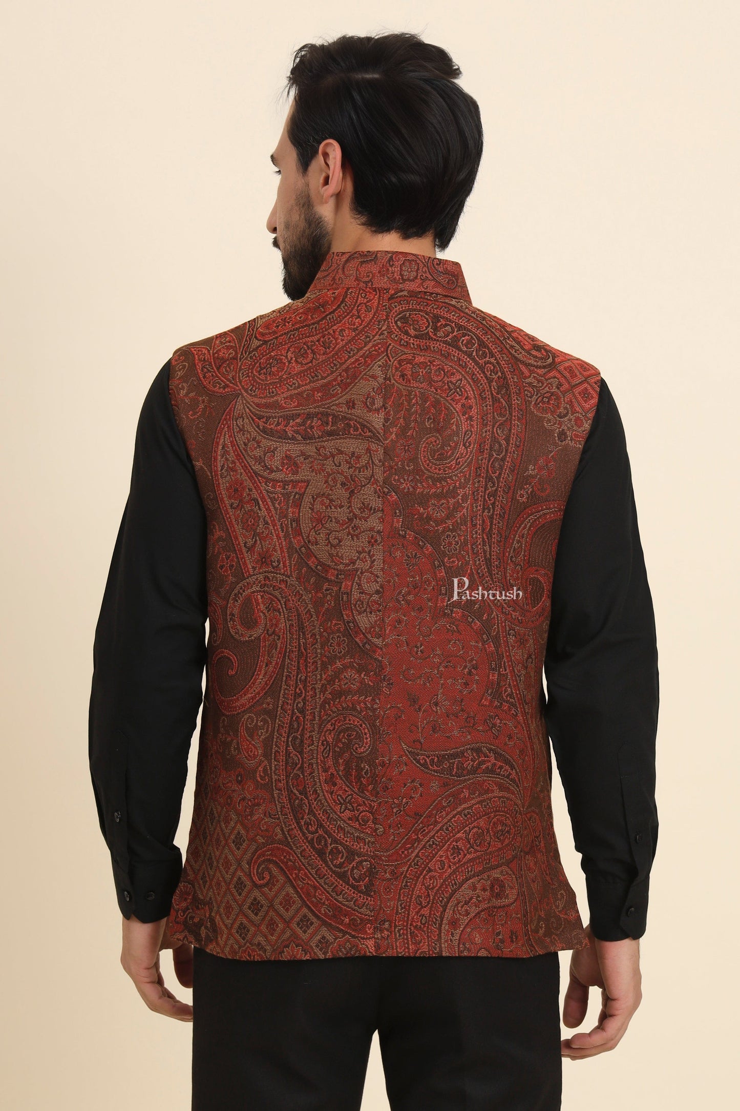 Pashtush India Coats & Jackets Pashtush Mens Woven Jacquard Waistcoat, Structured Slim Fit, Brown