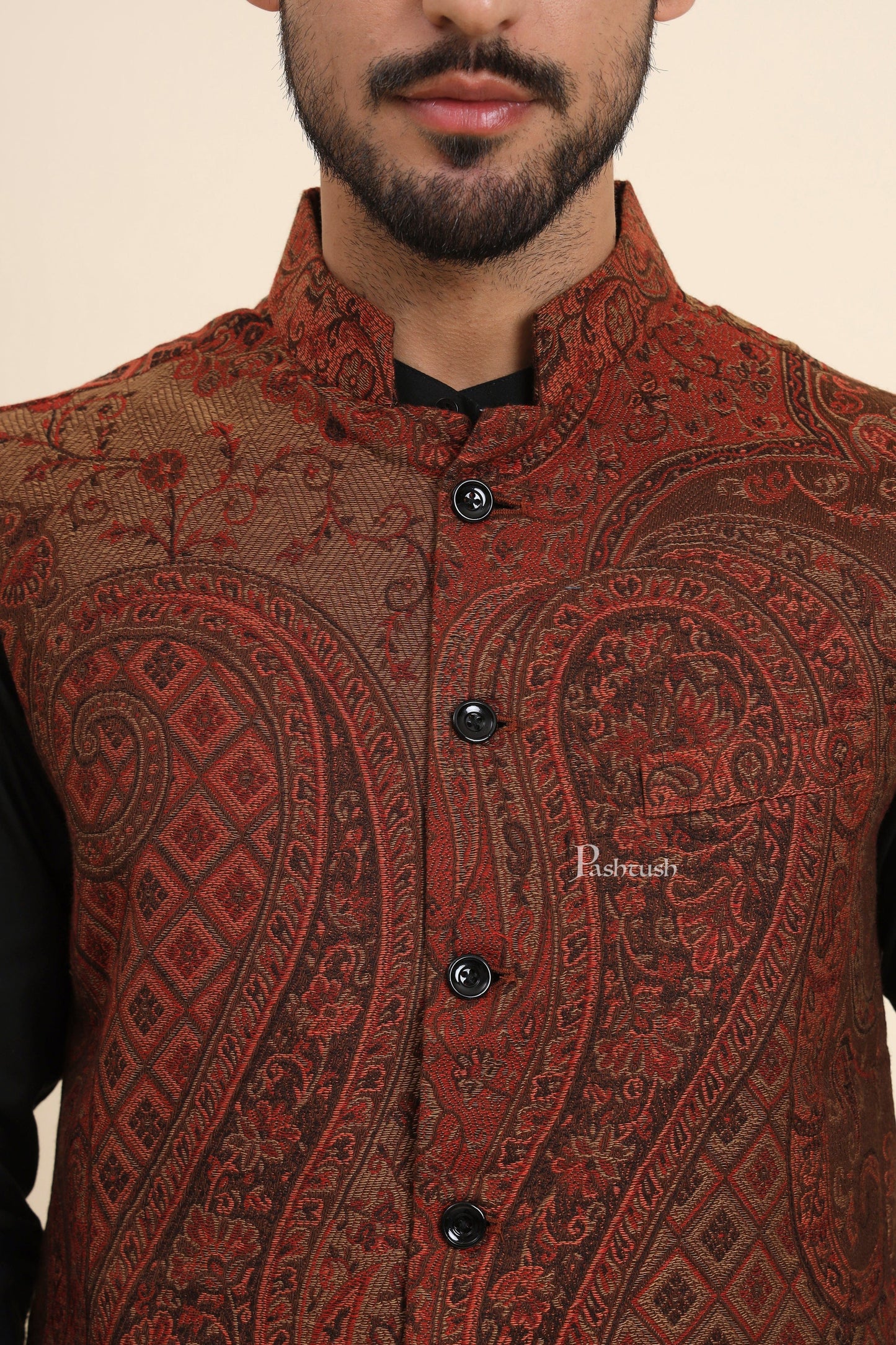 Pashtush India Coats & Jackets Pashtush Mens Woven Jacquard Waistcoat, Structured Slim Fit, Brown
