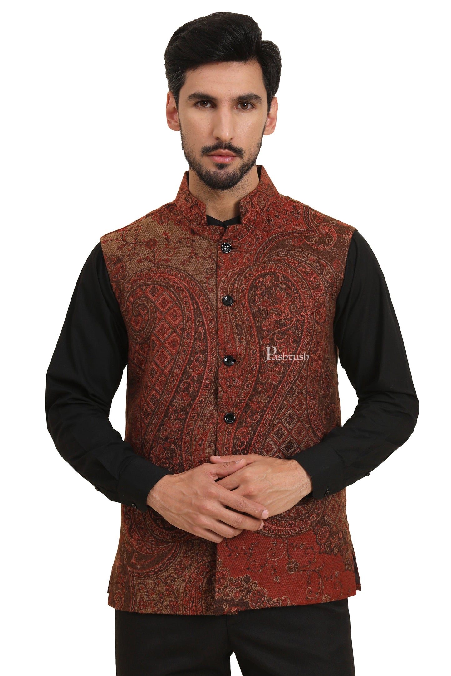 Pashtush India Coats & Jackets Pashtush Mens Woven Jacquard Waistcoat, Structured Slim Fit, Brown
