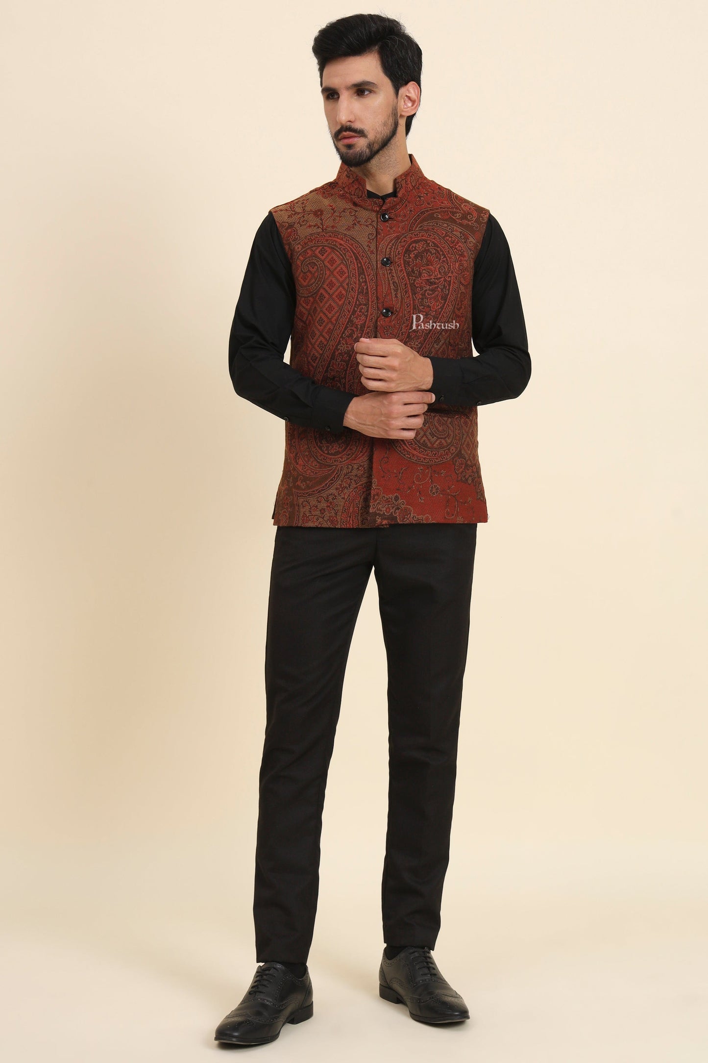 Pashtush India Coats & Jackets Pashtush Mens Woven Jacquard Waistcoat, Structured Slim Fit, Brown