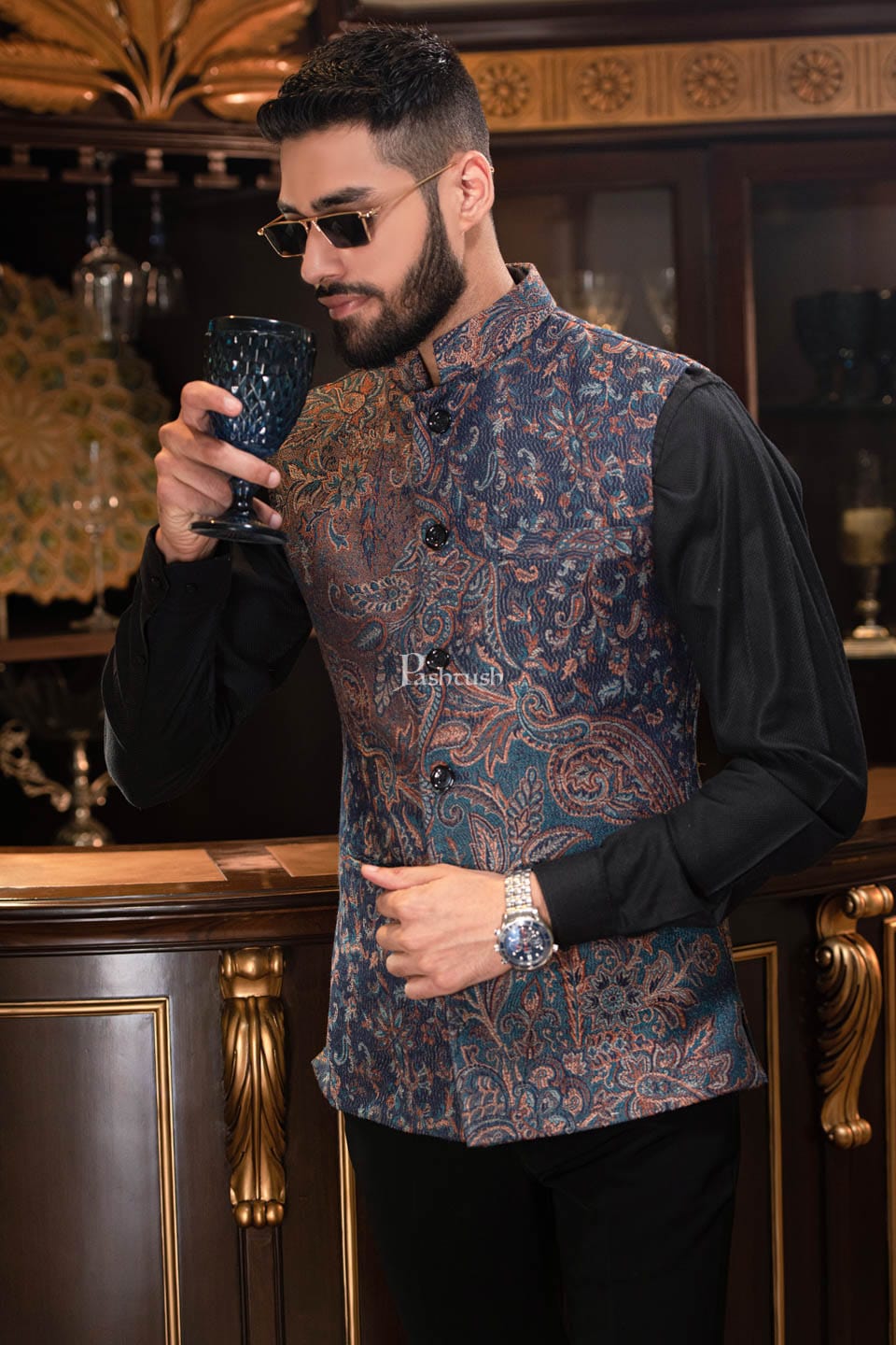 Pashtush India Coats & Jackets PASHTUSH MENS WOVEN JACQUARD WAISTCOAT, Structured SLIM FIT, Navy Blue