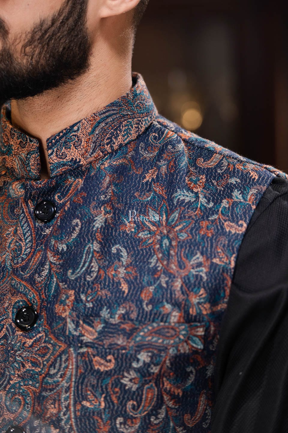 Pashtush India Coats & Jackets PASHTUSH MENS WOVEN JACQUARD WAISTCOAT, Structured SLIM FIT, Navy Blue