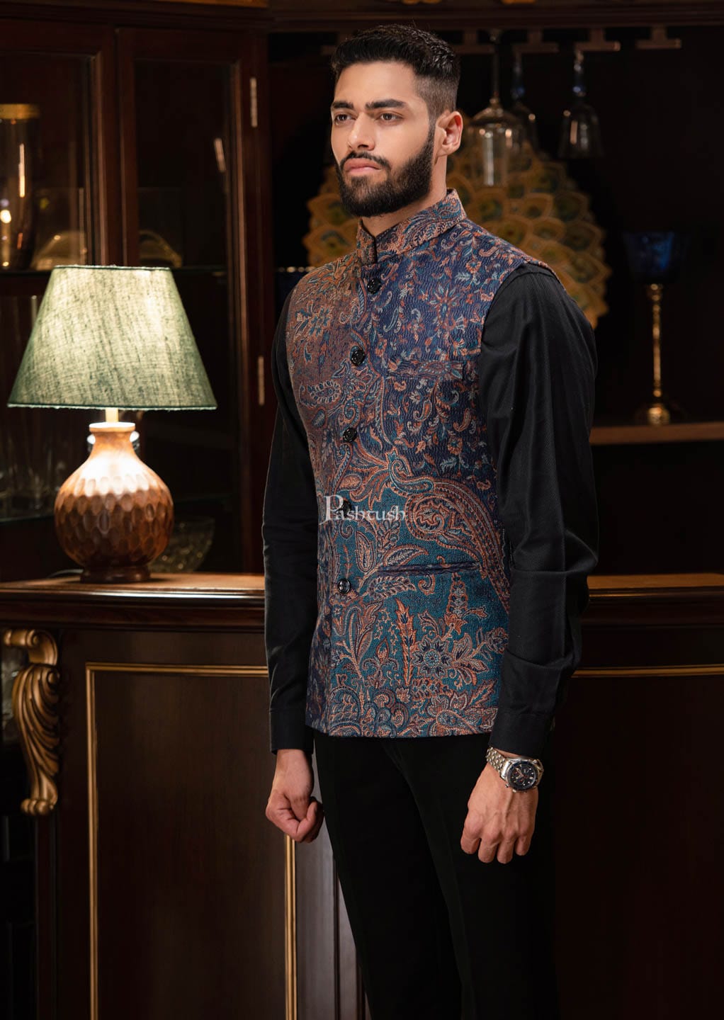 Pashtush India Coats & Jackets PASHTUSH MENS WOVEN JACQUARD WAISTCOAT, Structured SLIM FIT, Navy Blue