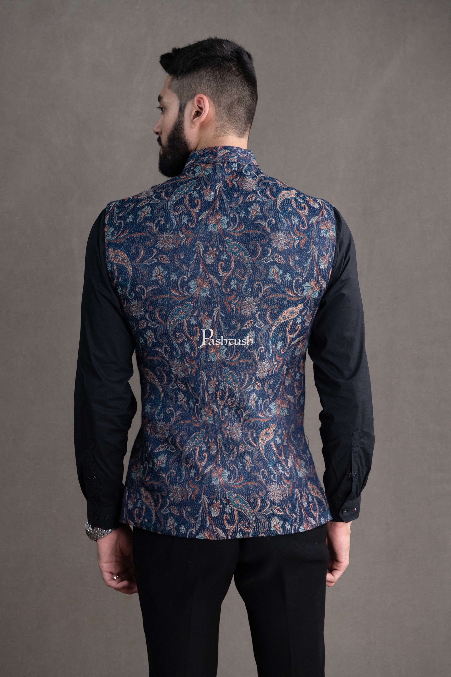 Pashtush India Coats & Jackets PASHTUSH MENS WOVEN JACQUARD WAISTCOAT, STRUCTURED SLIM FIT, NAVY BLUE