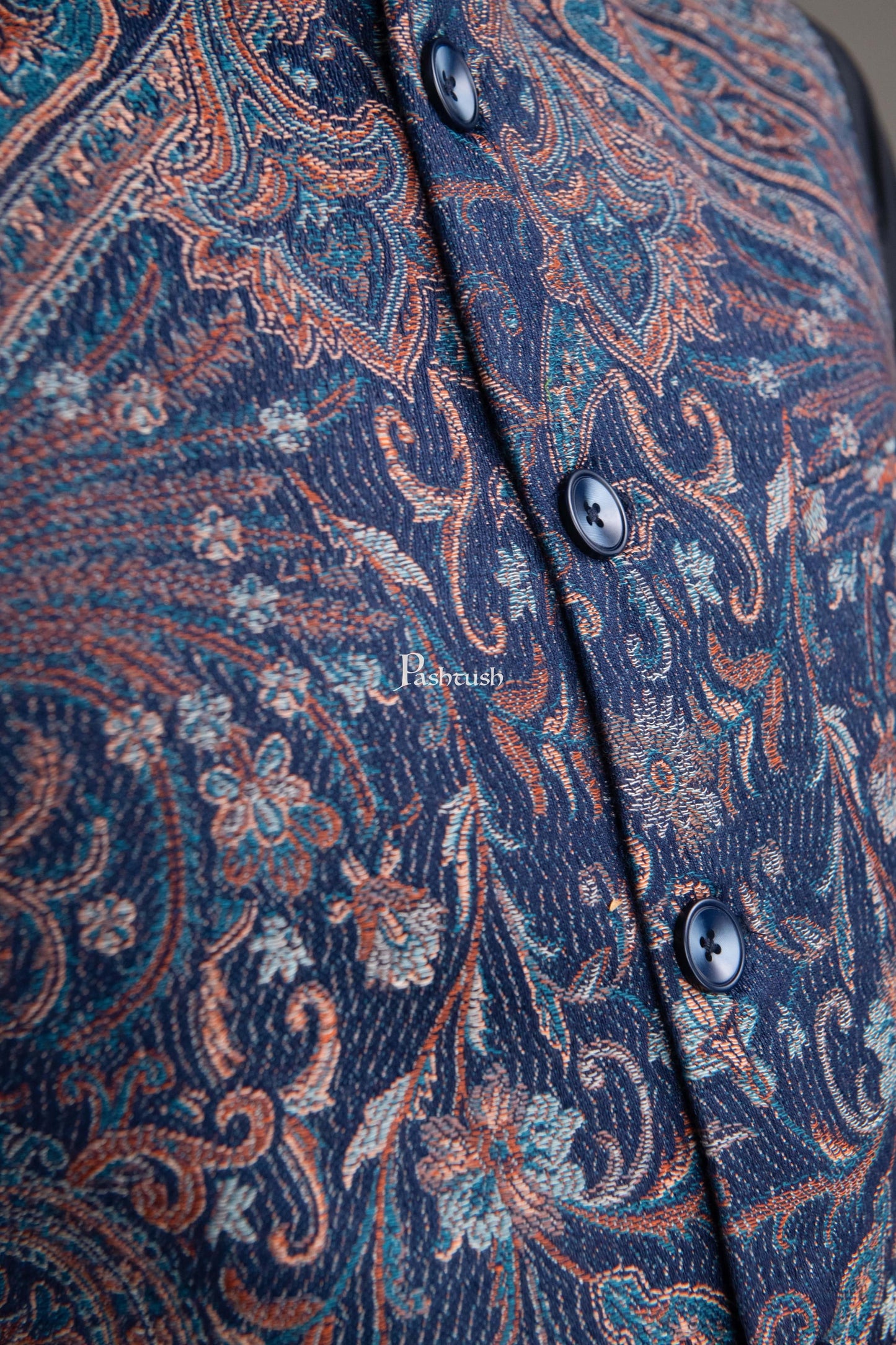 Pashtush India Coats & Jackets PASHTUSH MENS WOVEN JACQUARD WAISTCOAT, STRUCTURED SLIM FIT, NAVY BLUE