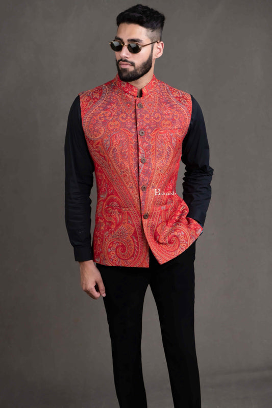 Pashtush India Coats & Jackets PASHTUSH MENS WOVEN JACQUARD WAISTCOAT, STRUCTURED SLIM FIT, RED