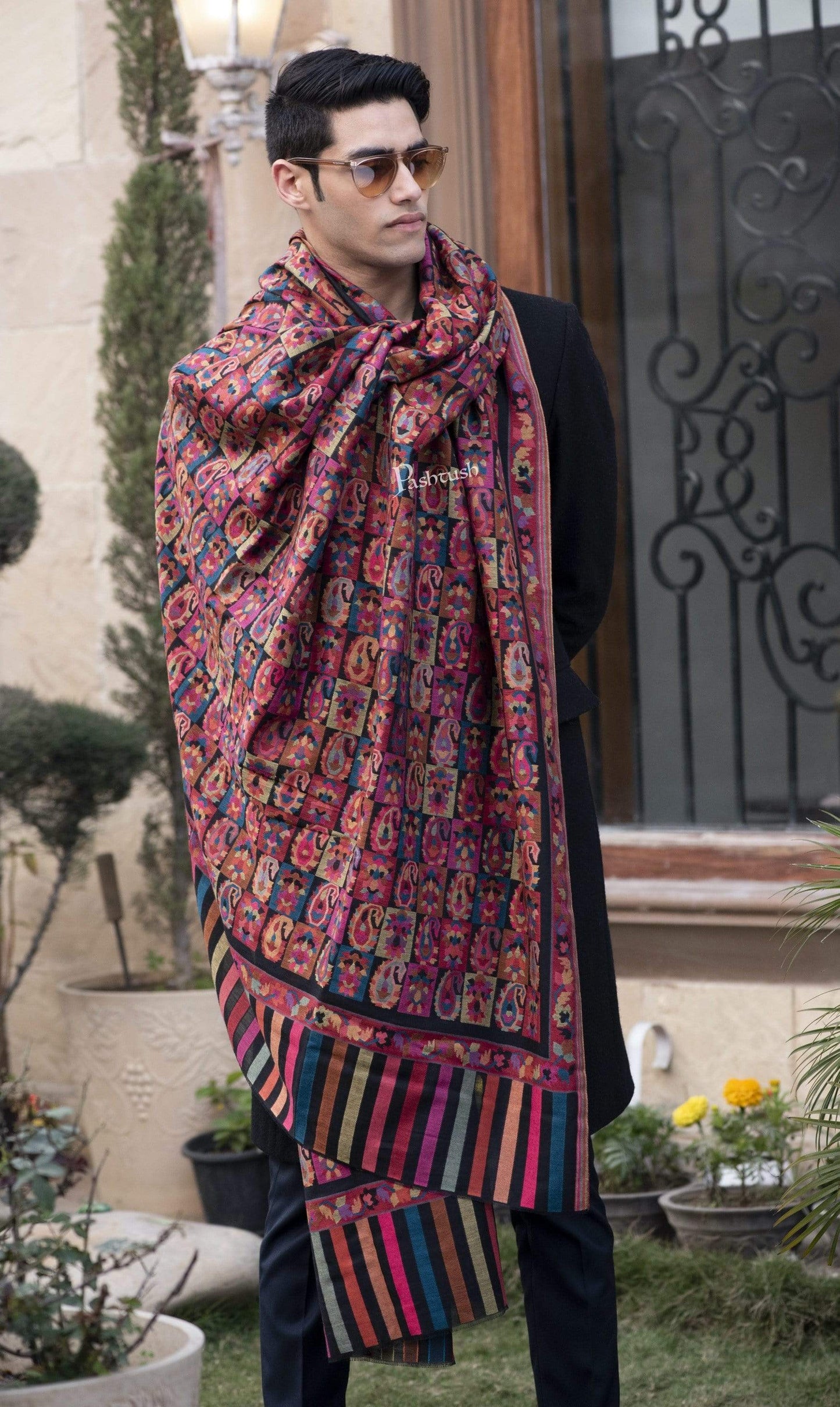 Pashtush India 127x254 Pashtush Mens Woven Kaani Shawl, Mens Lohi , Full Size, Fine Soft Wool