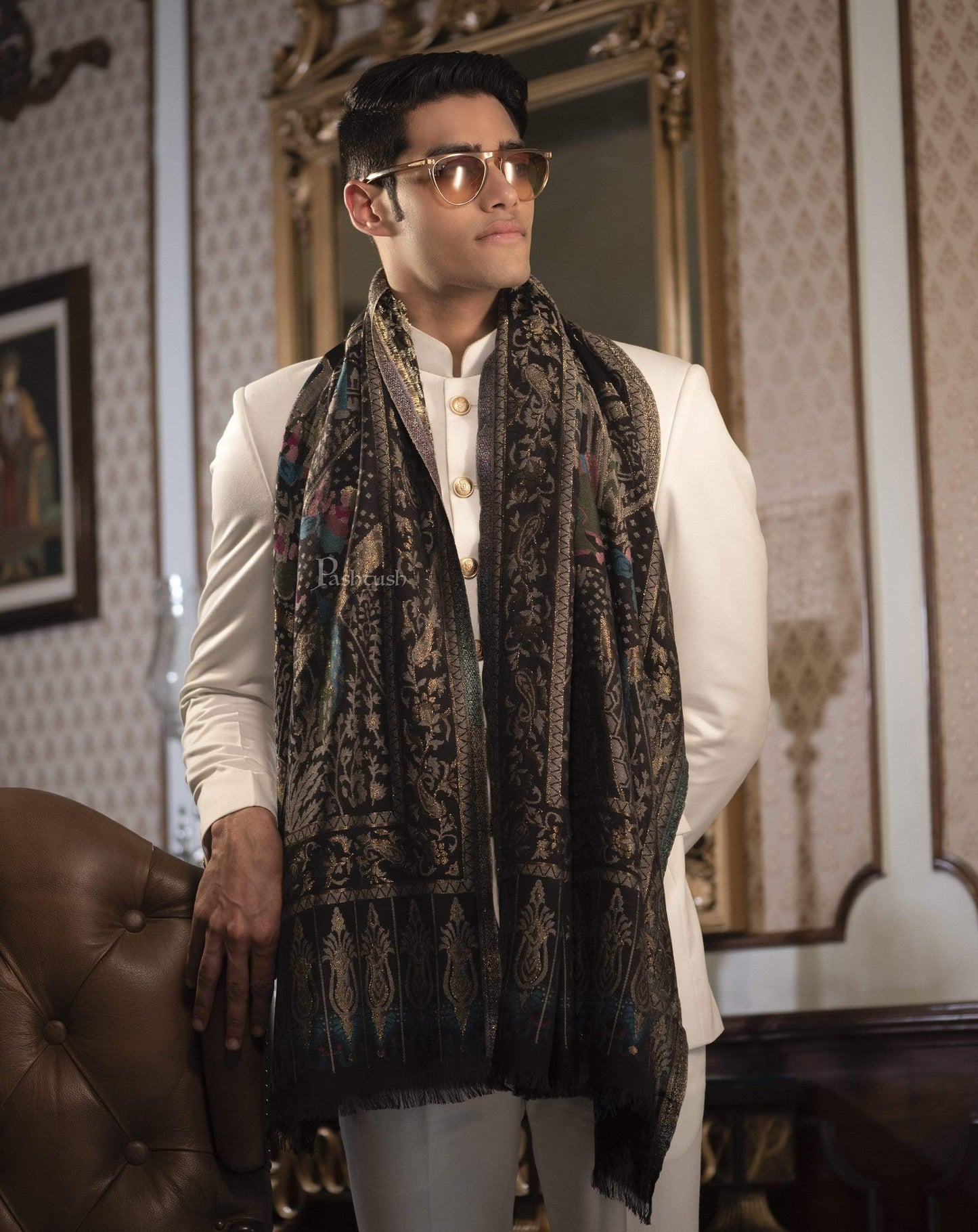 Pashtush India 100x200 Pashtush Mens, Woven Mughal Darbar Stole, with Golden Zari Weave