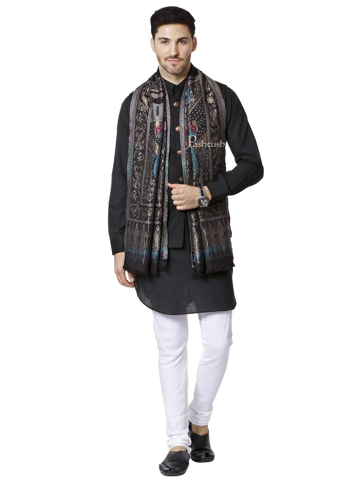 Pashtush India 100x200 Pashtush Mens, Woven Mughal Darbar Stole, with Golden Zari Weave