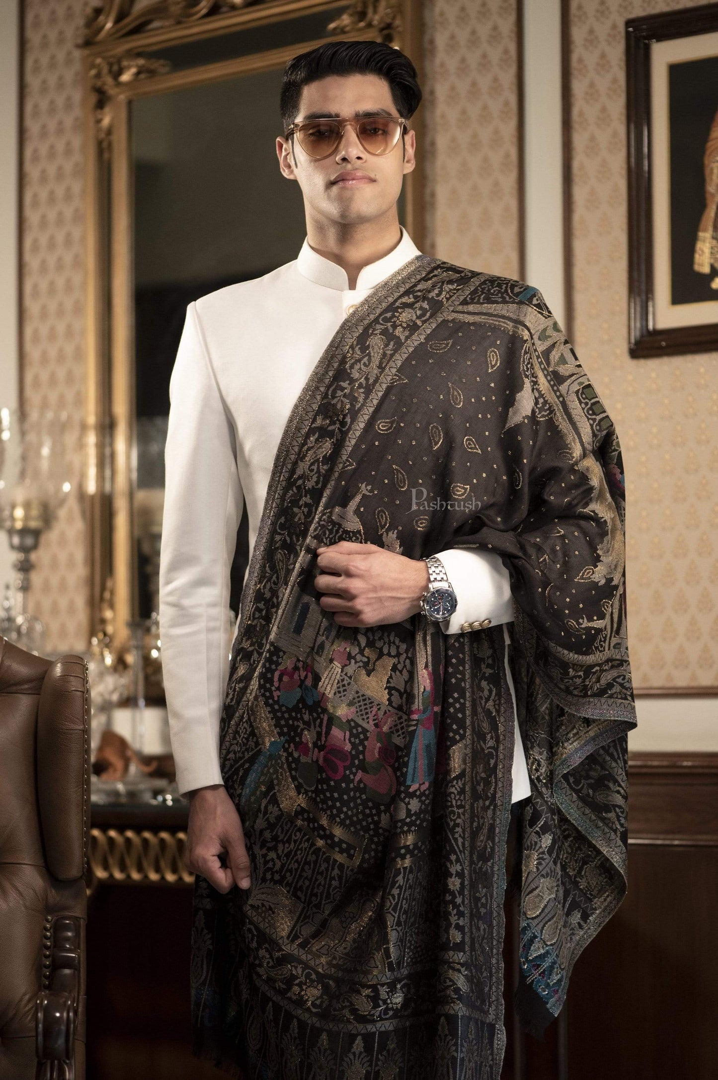 Pashtush India 100x200 Pashtush Mens, Woven Mughal Darbar Stole, with Golden Zari Weave