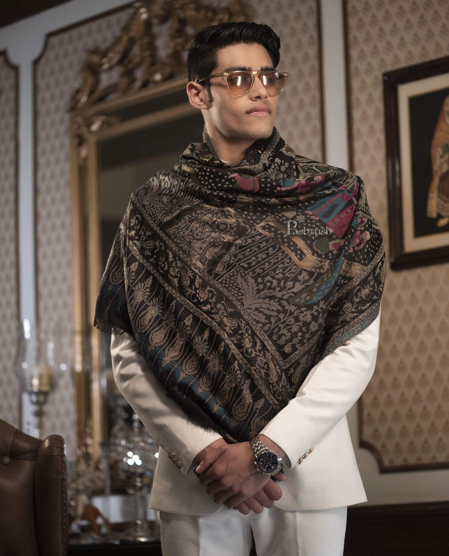 Pashtush India 100x200 Pashtush Mens, Woven Mughal Darbar Stole, with Golden Zari Weave