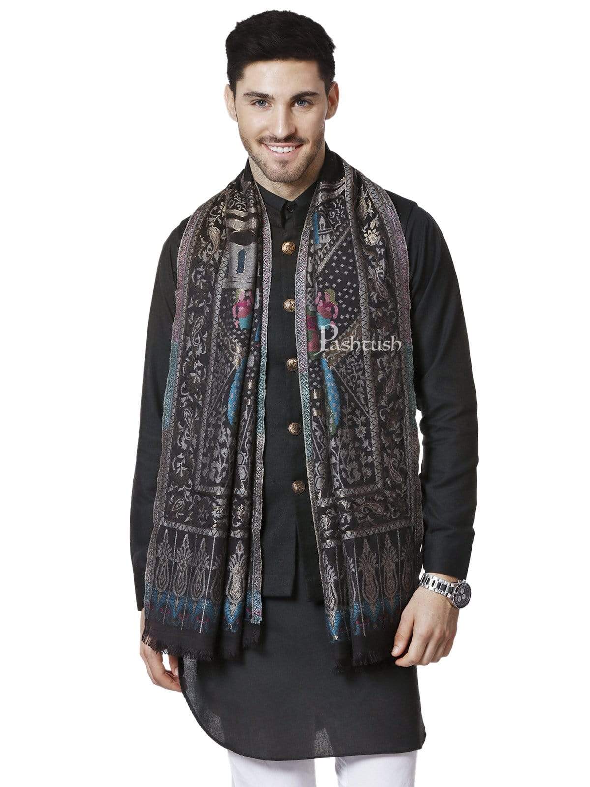 Pashtush India 100x200 Pashtush Mens, Woven Mughal Darbar Stole, with Golden Zari Weave