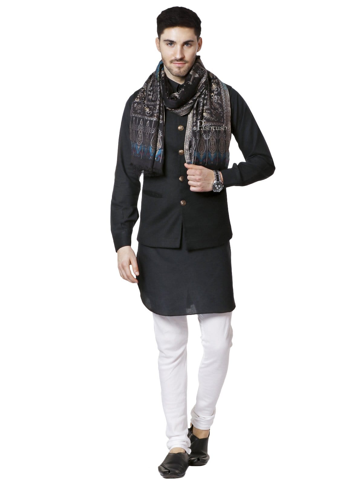 Pashtush India 100x200 Pashtush Mens, Woven Mughal Darbar Stole, with Golden Zari Weave