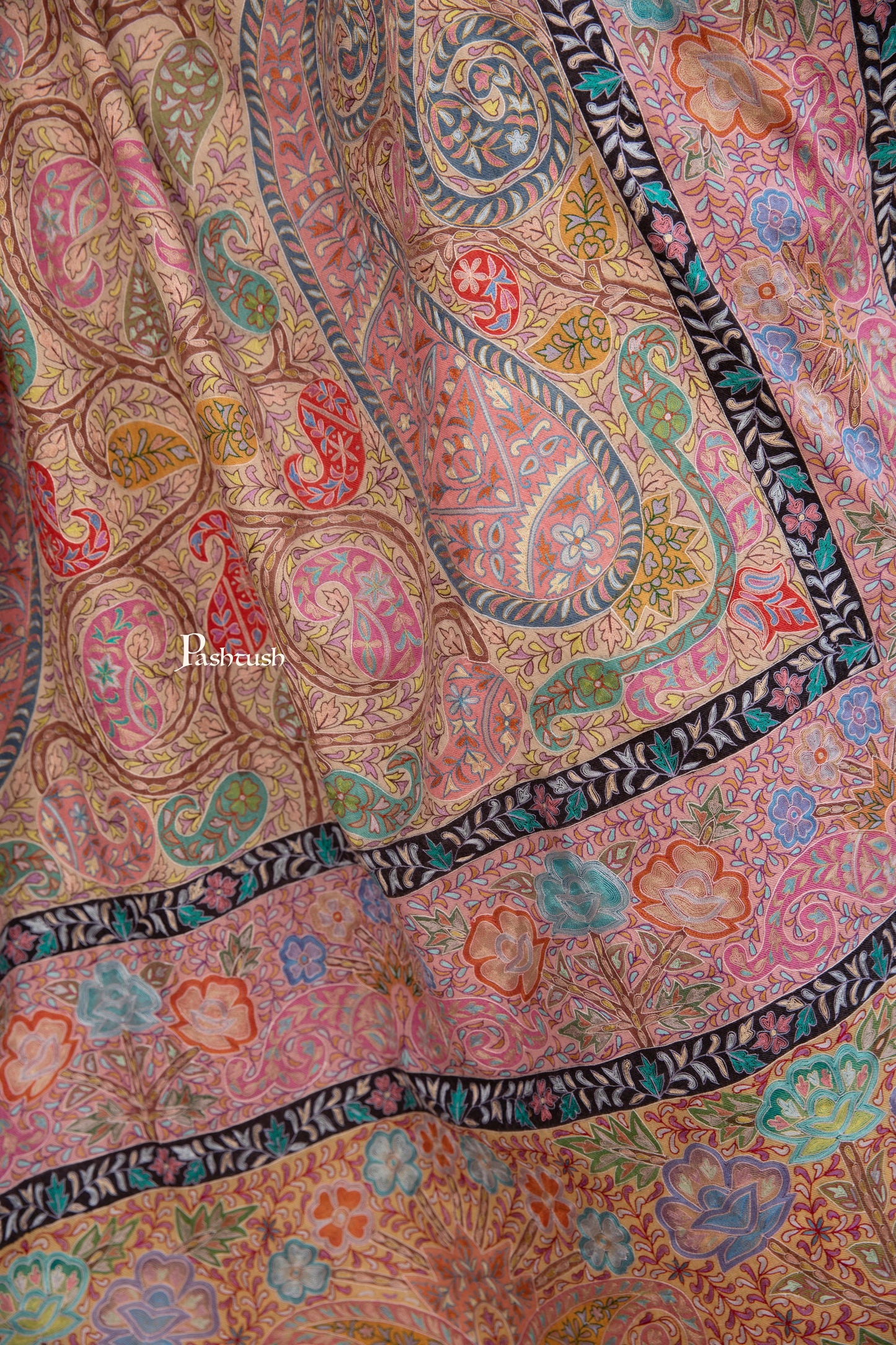 Pashtush India Womens Shawls Pashtush Pashmina Kalamkari Shawl, Pastel Hues, With Hand Painting and Outline Hand Embroidery, Soft Pastels