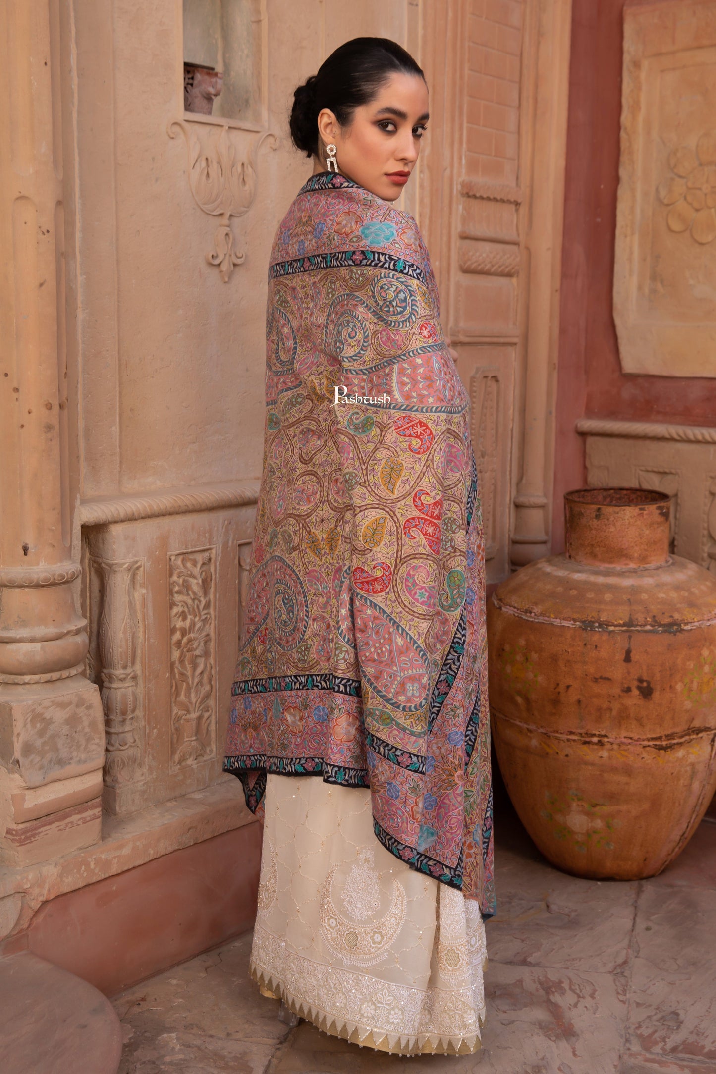 Pashtush India Womens Shawls Pashtush Pashmina Kalamkari Shawl, Pastel Hues, With Hand Painting and Outline Hand Embroidery, Soft Pastels