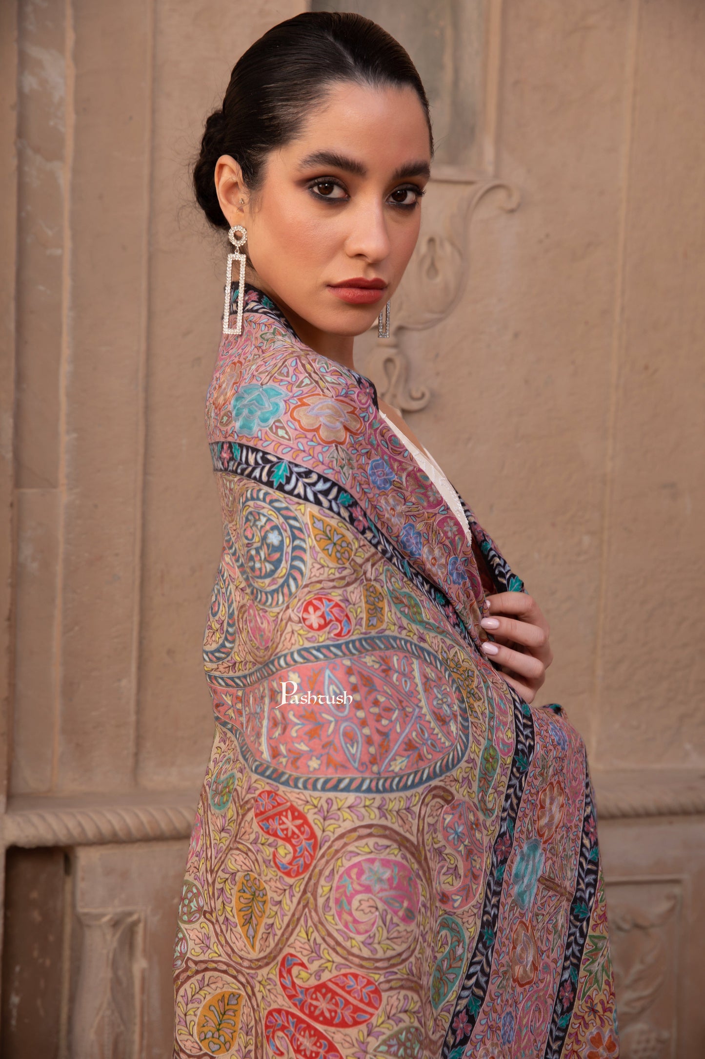 Pashtush India Womens Shawls Pashtush Pashmina Kalamkari Shawl, Pastel Hues, With Hand Painting and Outline Hand Embroidery, Soft Pastels