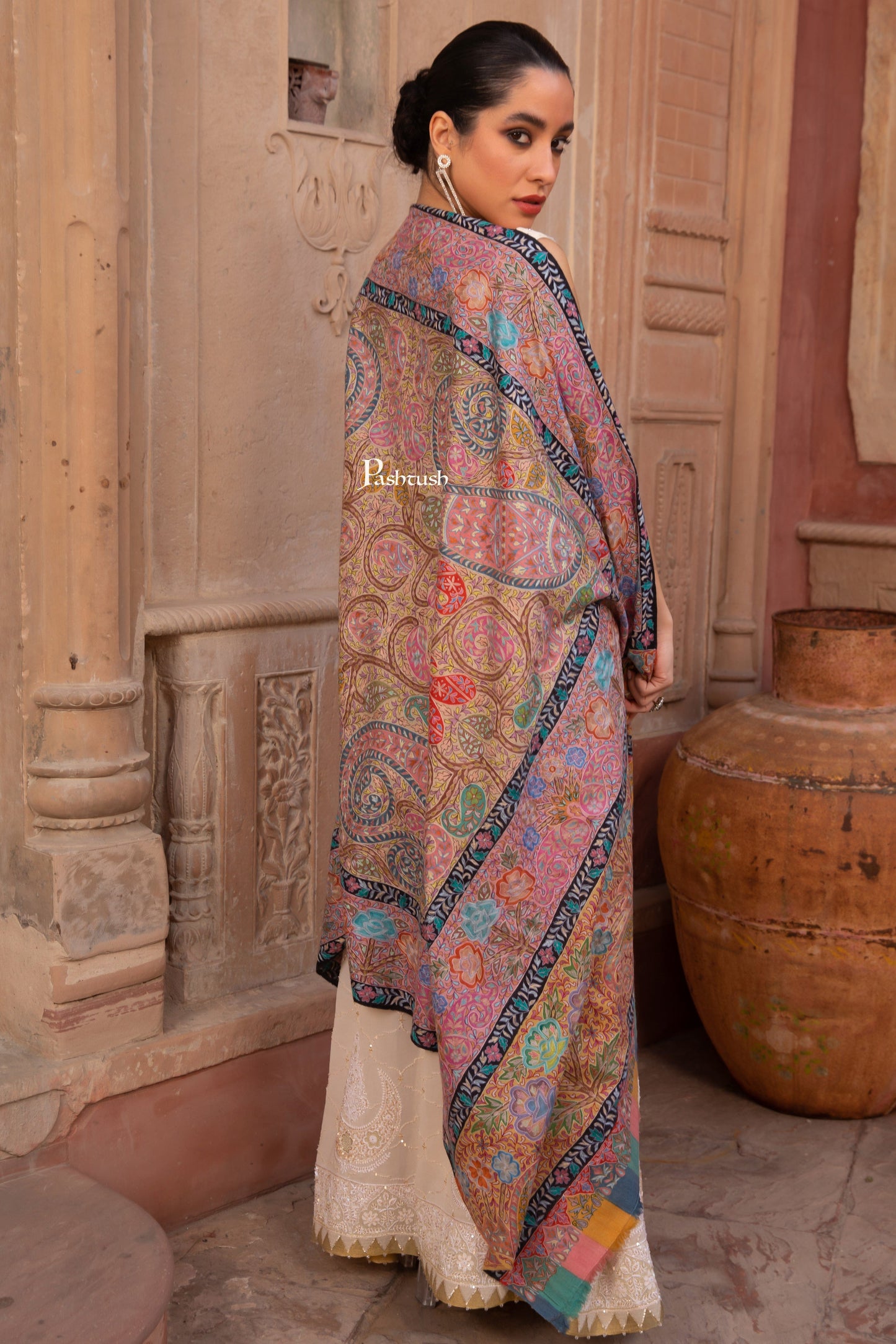 Pashtush India Womens Shawls Pashtush Pashmina Kalamkari Shawl, Pastel Hues, With Hand Painting and Outline Hand Embroidery, Soft Pastels