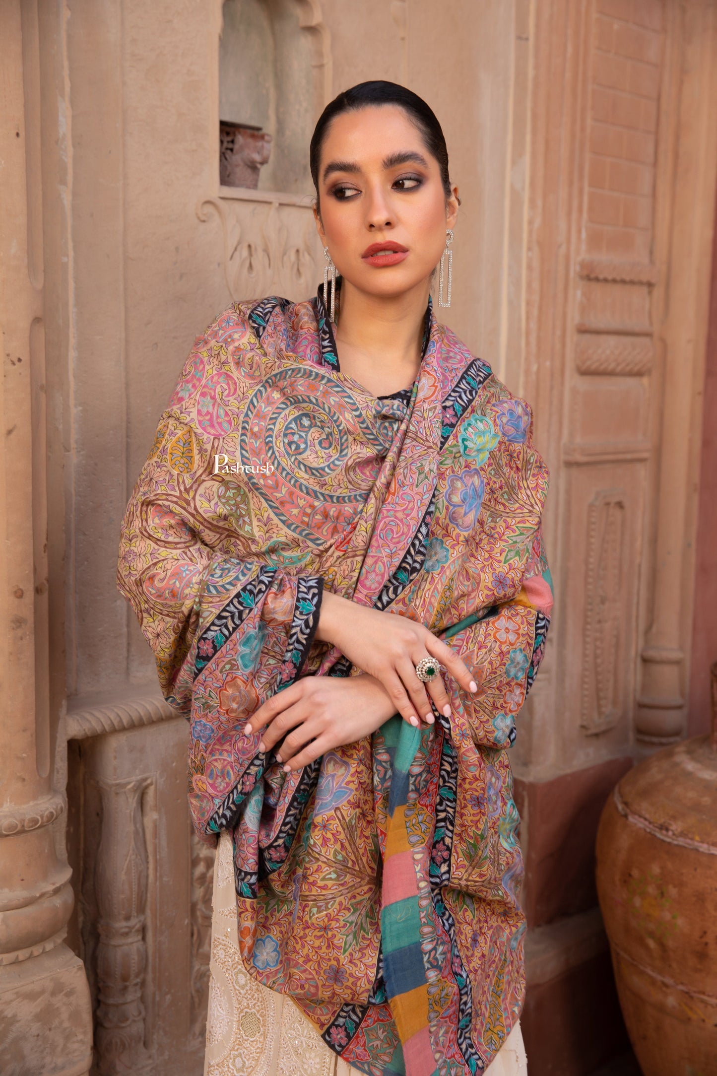 Pashtush India Womens Shawls Pashtush Pashmina Kalamkari Shawl, Pastel Hues, With Hand Painting and Outline Hand Embroidery, Soft Pastels