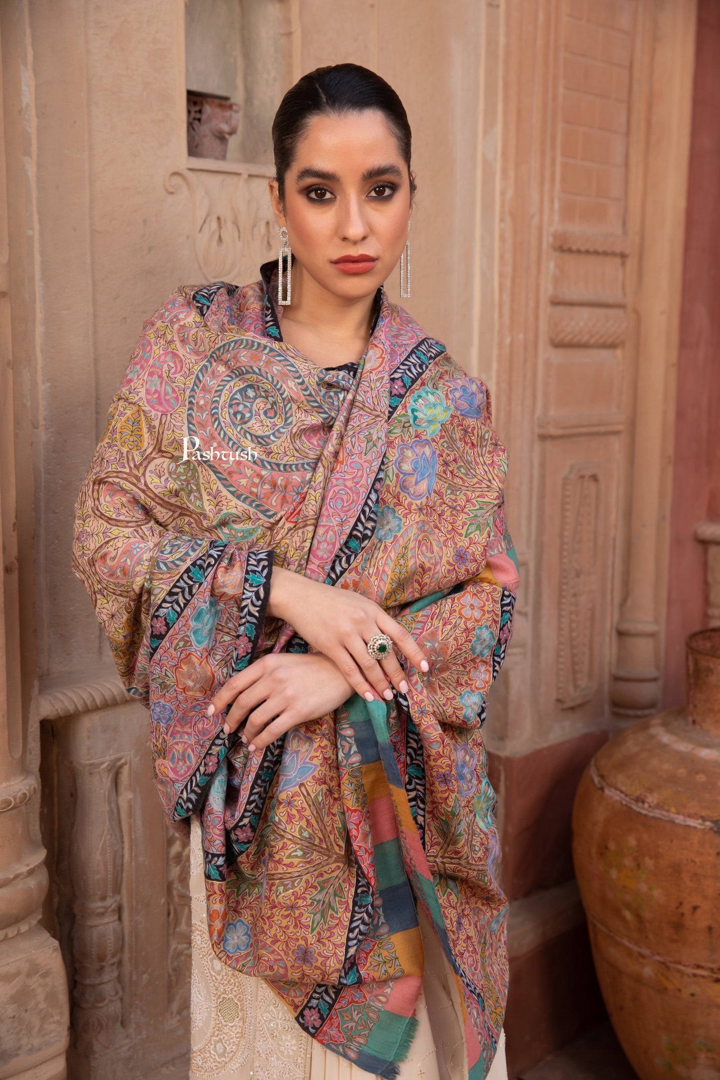Pashtush India Womens Shawls Pashtush Pashmina Kalamkari Shawl, Pastel Hues, With Hand Painting and Outline Hand Embroidery, Soft Pastels
