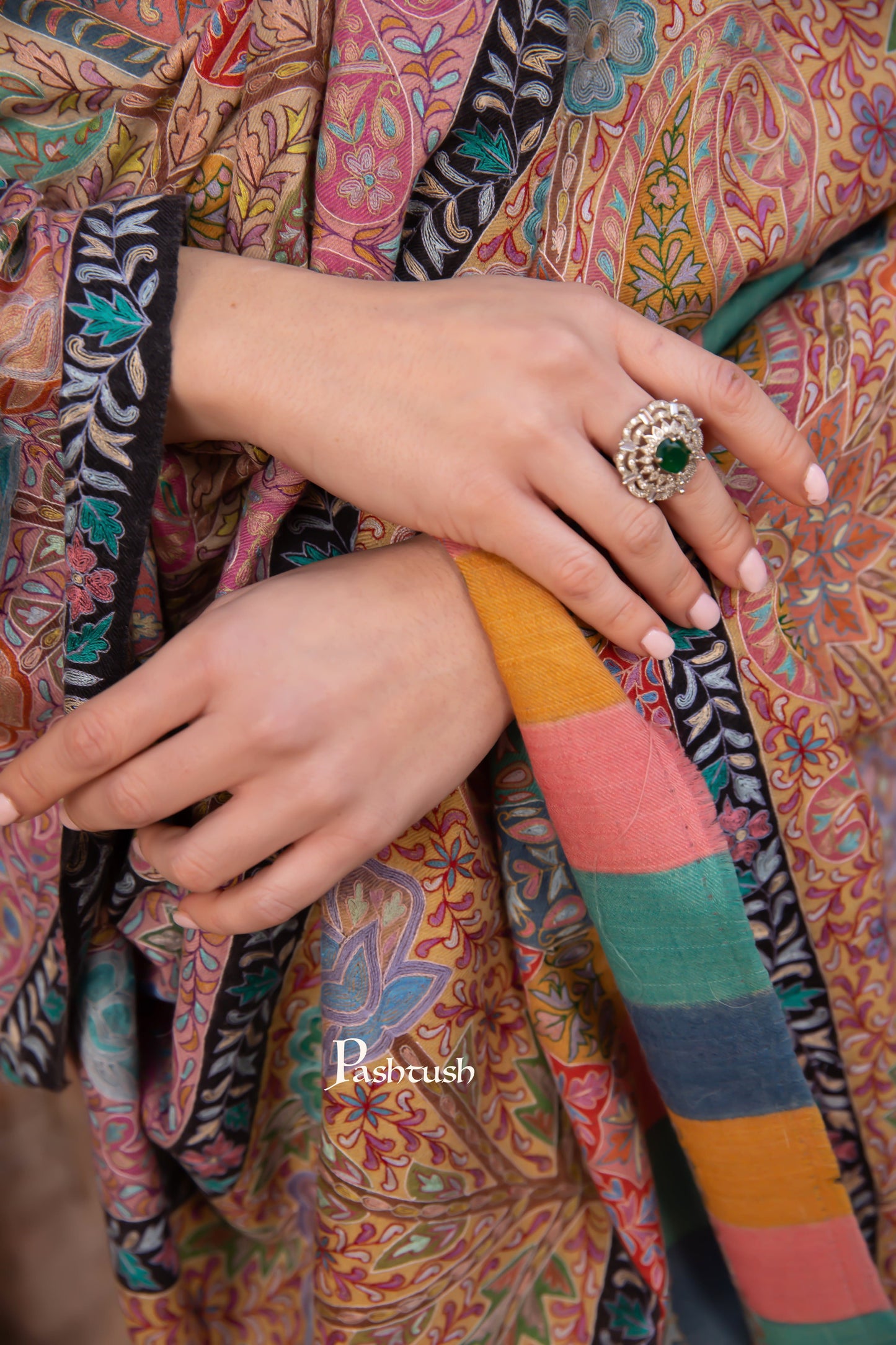 Pashtush India Womens Shawls Pashtush Pashmina Kalamkari Shawl, Pastel Hues, With Hand Painting and Outline Hand Embroidery, Soft Pastels