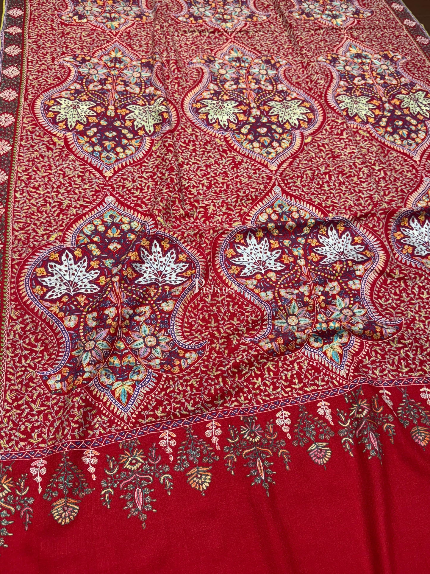 Pashtush India Womens Shawls Pashtush Pashmina Shawl , Hand Embroidered Multicoloured Jama Jaal, Handmade Kashmiri Embroidery, Maroon